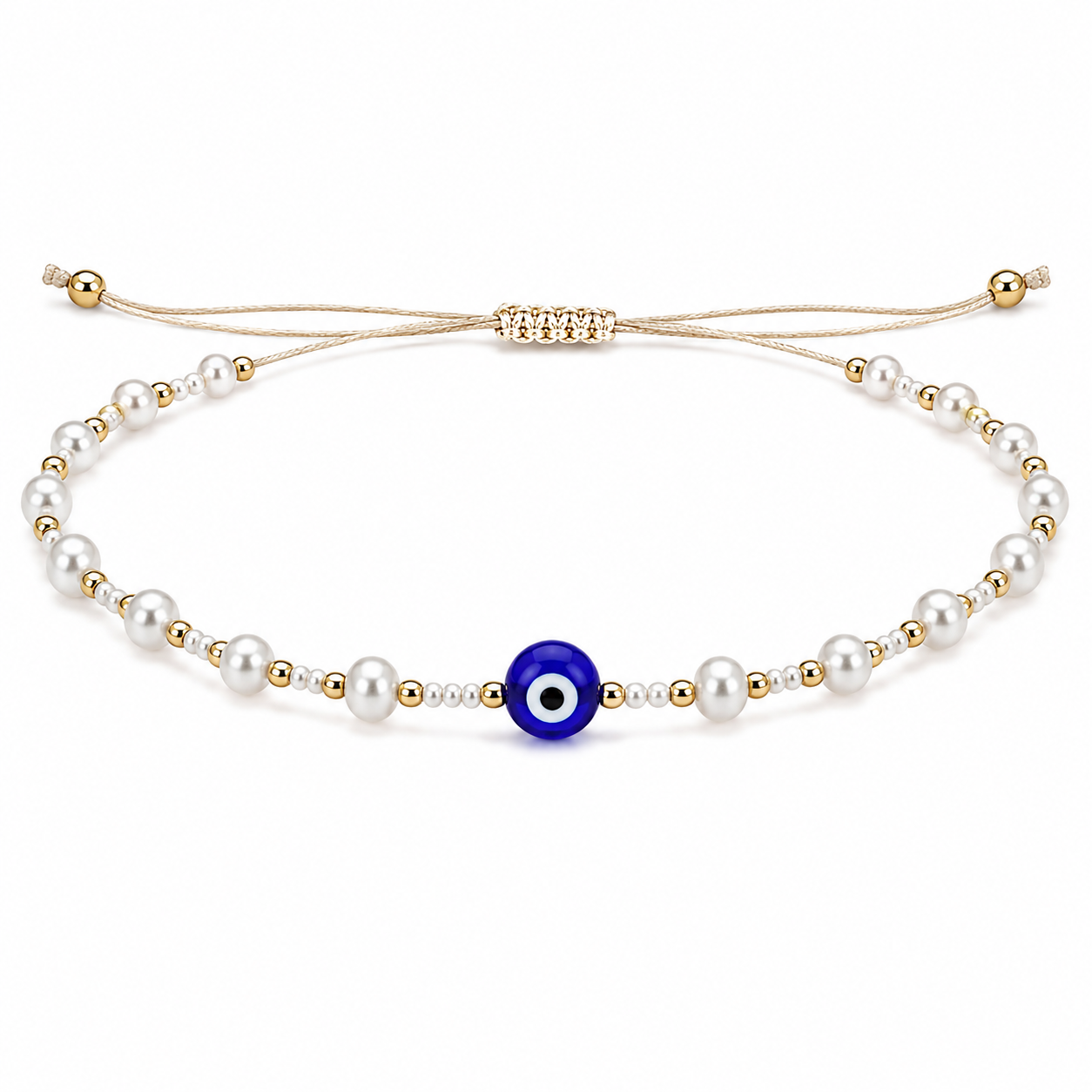 Pulsera con Ojo Turco Azul y Cuentas Efecto Perla