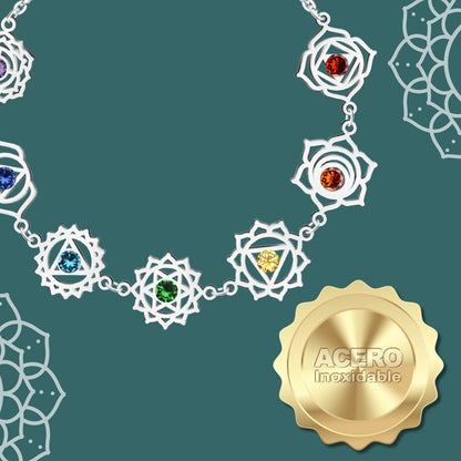 Pulsera 7 Chakras Acero Inoxidable , color Plateado✨ Amuleto Energético con Regalo Pulsera Nudo de Bruja