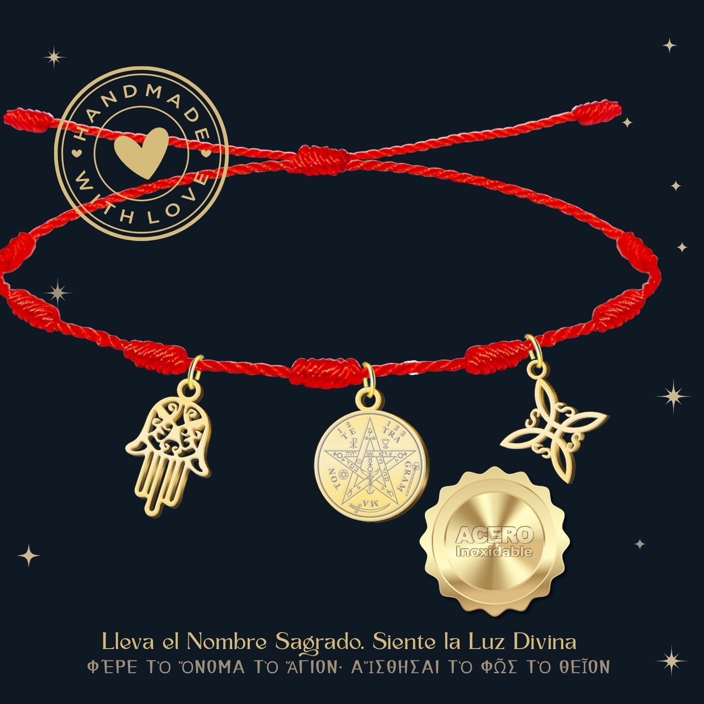 Pulsera 7 nudos con Nudo de Bruja y Tetragramatón, y Mano Fátima Dorado Acero Inoxidable