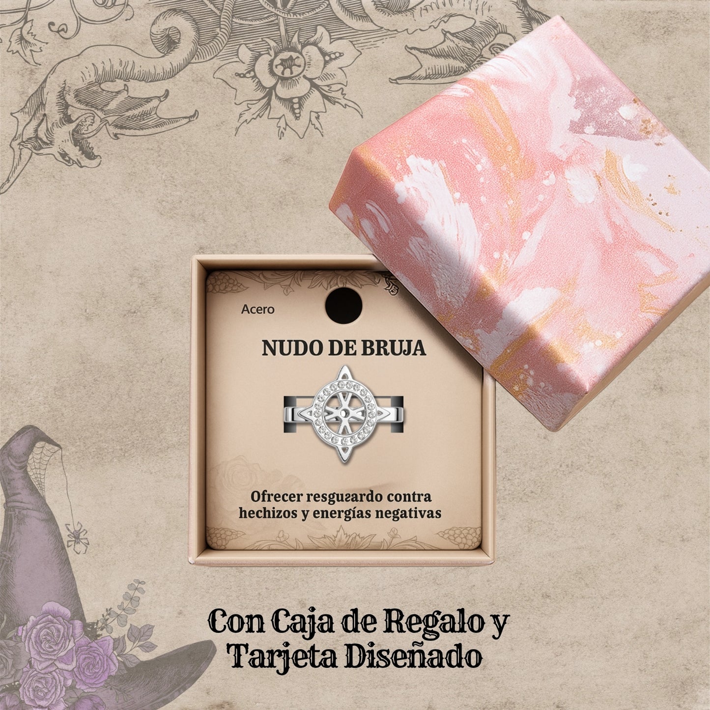 Anillo Nudo de Bruja – Acero Inoxidable Plateado, Amuleto de Protección con Caja de Regalo