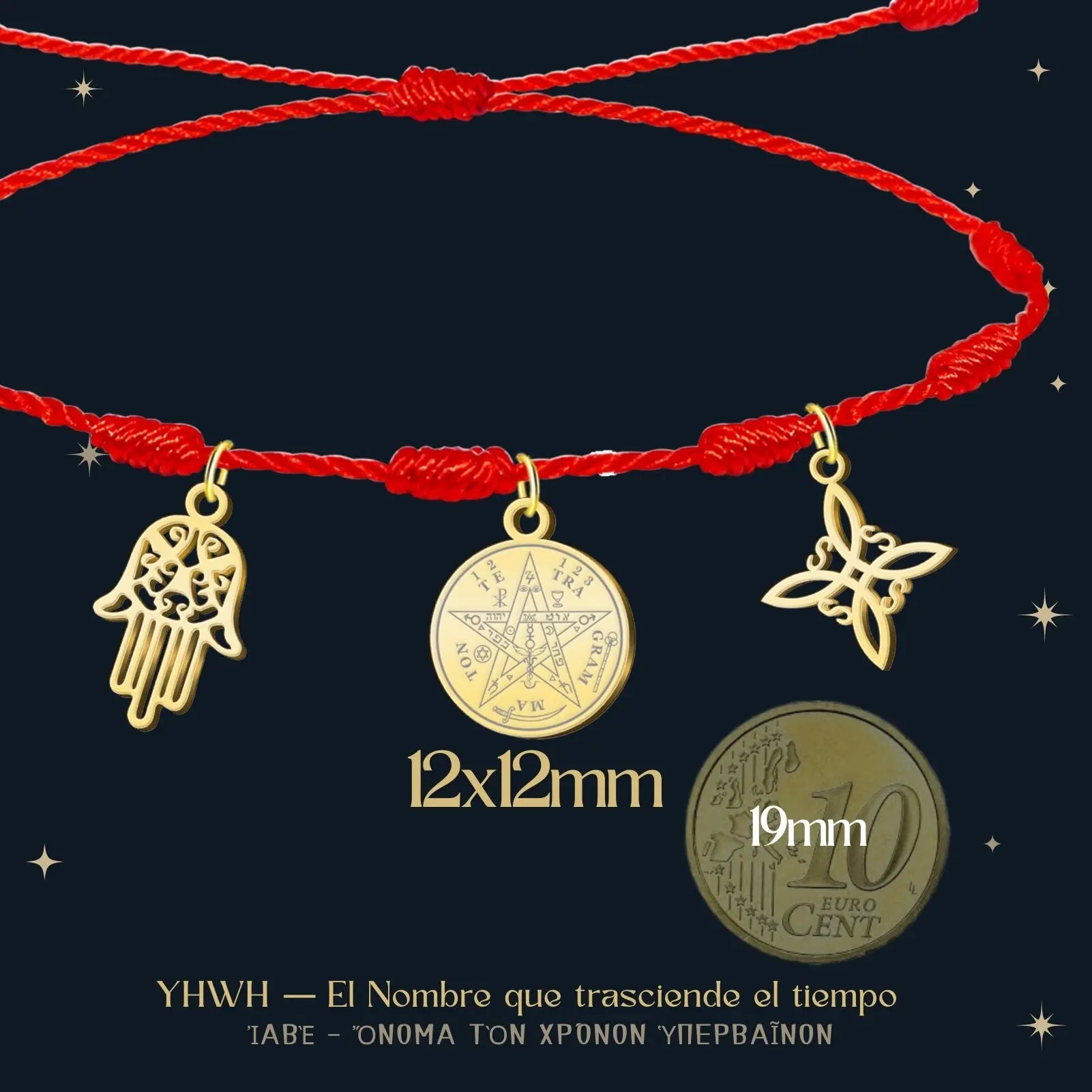 Pulsera 7 Nudos con Colgante Dorado: Tetragrammaton, Nudo de Bruja y Mano Fatima - cotigo