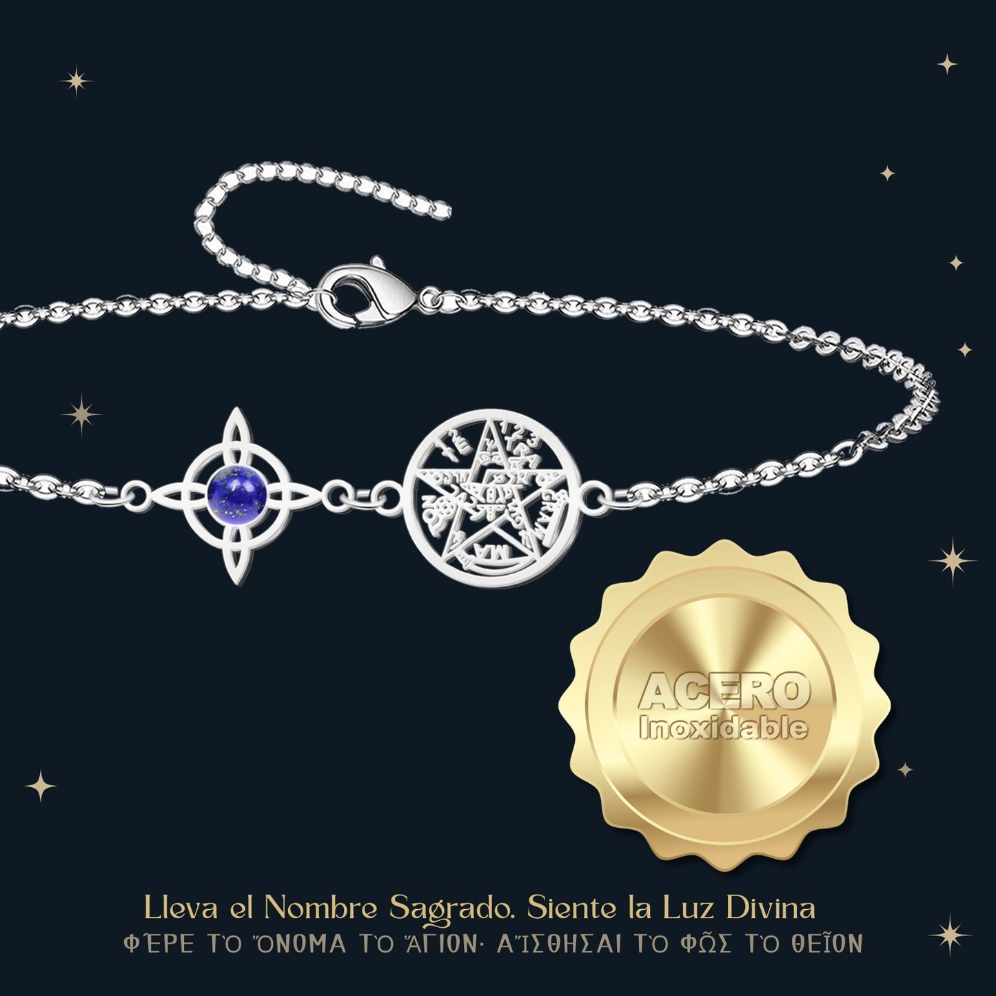 Pulsera Tetragrammatón con Nudo de Bruja y Lapislázuli – Intuición, Sabiduría y Protección en Acero Inoxidable