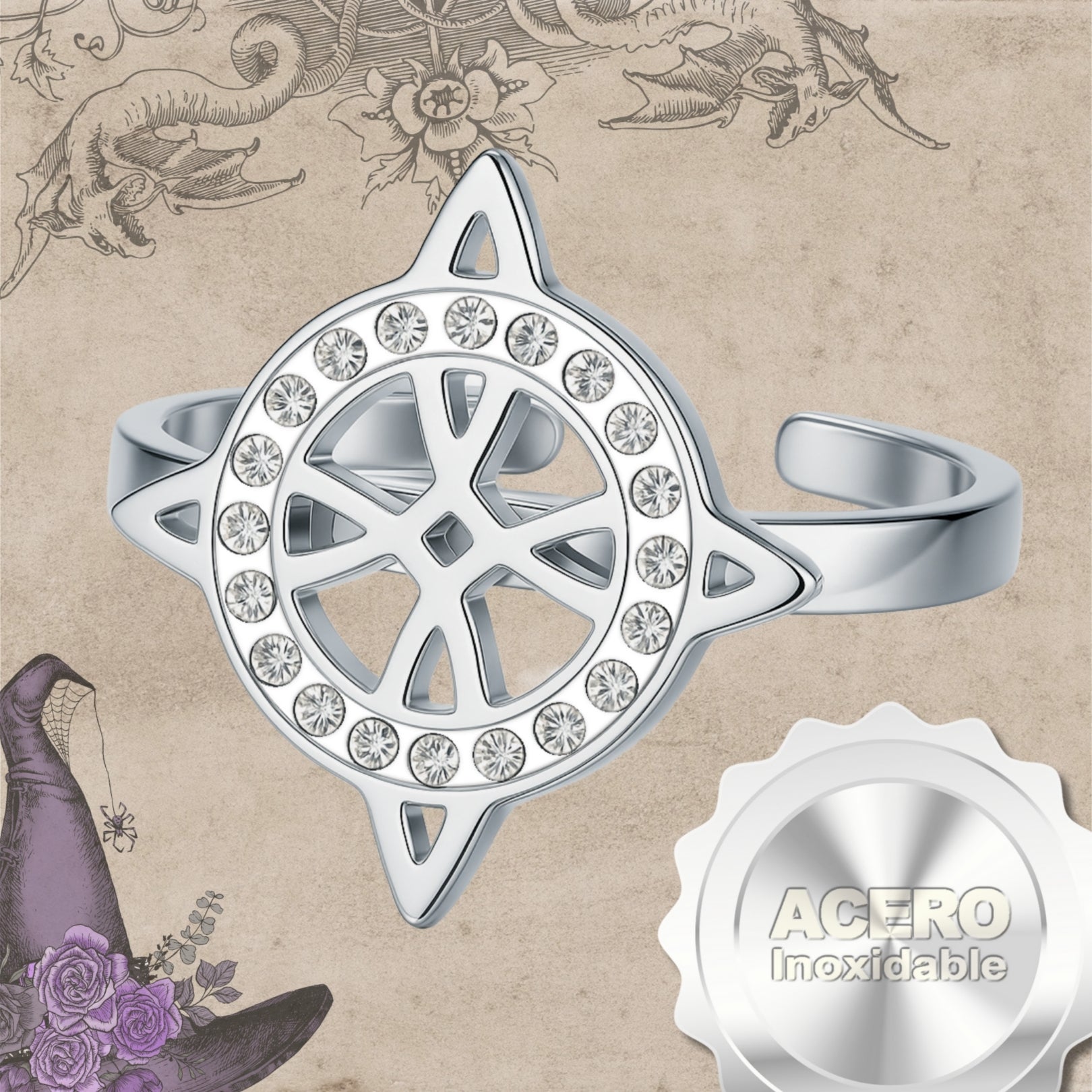 Anillo Nudo de Bruja con Circonitas en Acero Plateado - cotigo