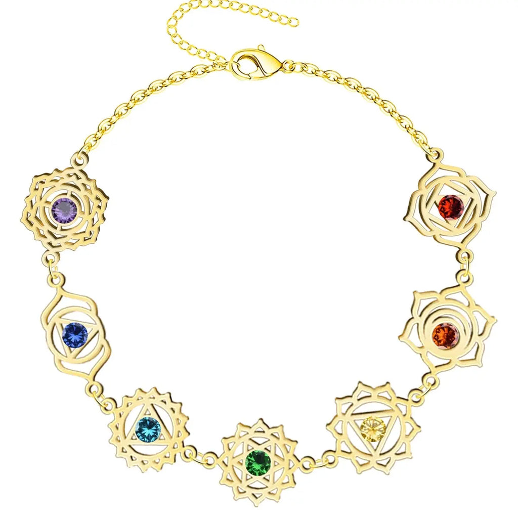 Pulsera 7 chakras dorada acero inoxidable mujer con cristales de colores y símbolos de flor de loto