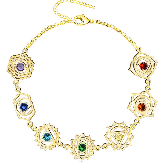 Pulsera 7 Chakras Acero Inoxidable , color Dorado✨ Amuleto Energético con Regalo Pulsera Nudo de Bruja