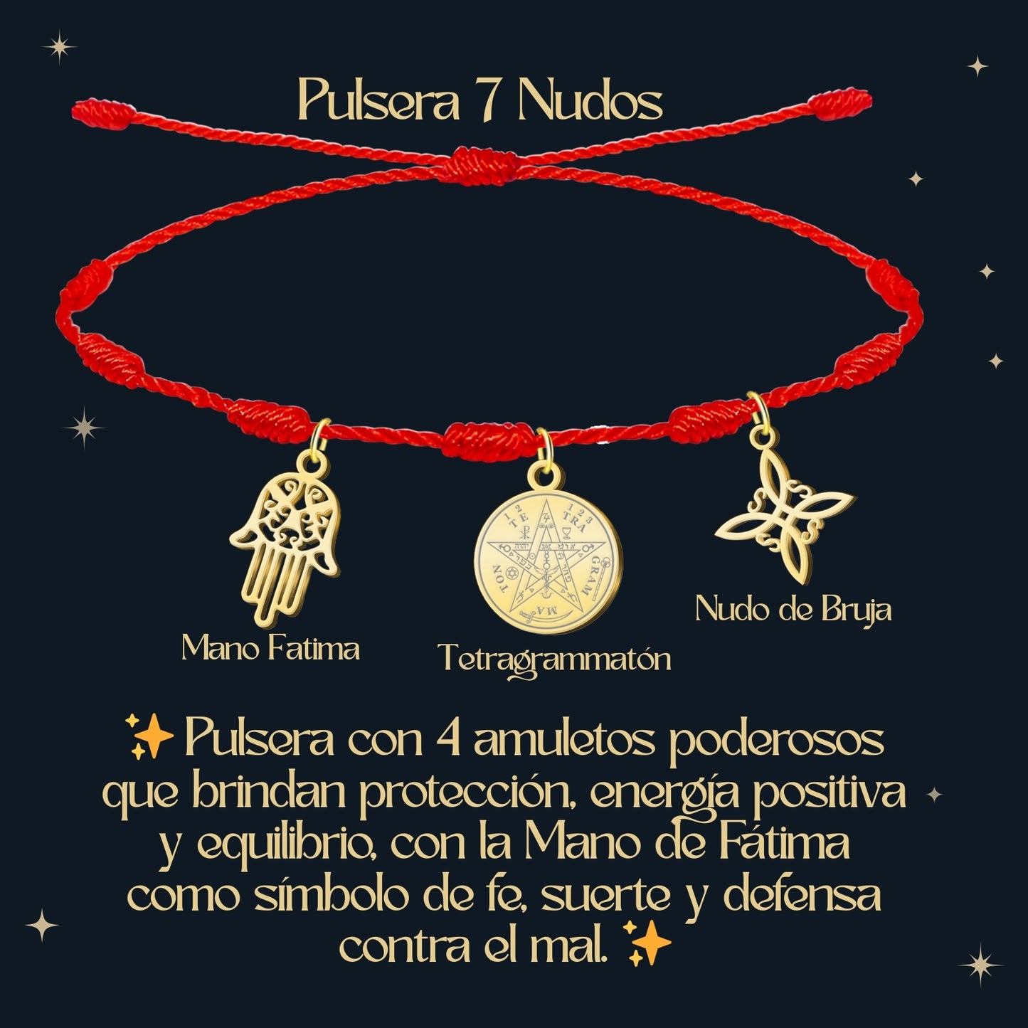 Pulsera 7 nudos con Nudo de Bruja y Tetragramatón, y Mano Fátima Dorado Acero Inoxidable