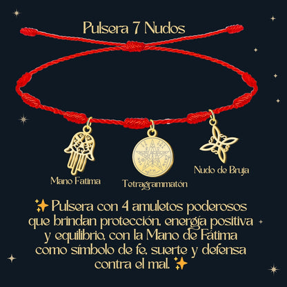 Pulsera 7 nudos con Nudo de Bruja y Tetragramatón, y Mano Fátima Dorado Acero Inoxidable