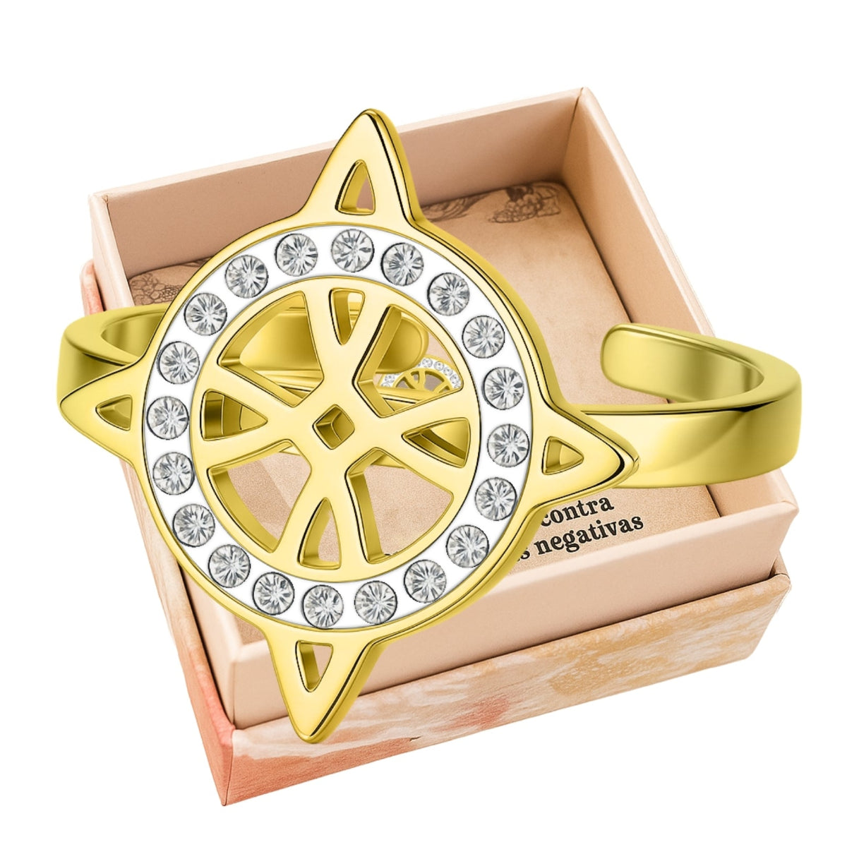 Anillo ajustable de acero dorado con Nudo de Bruja rodeado de un círculo de circonitas brillantes.