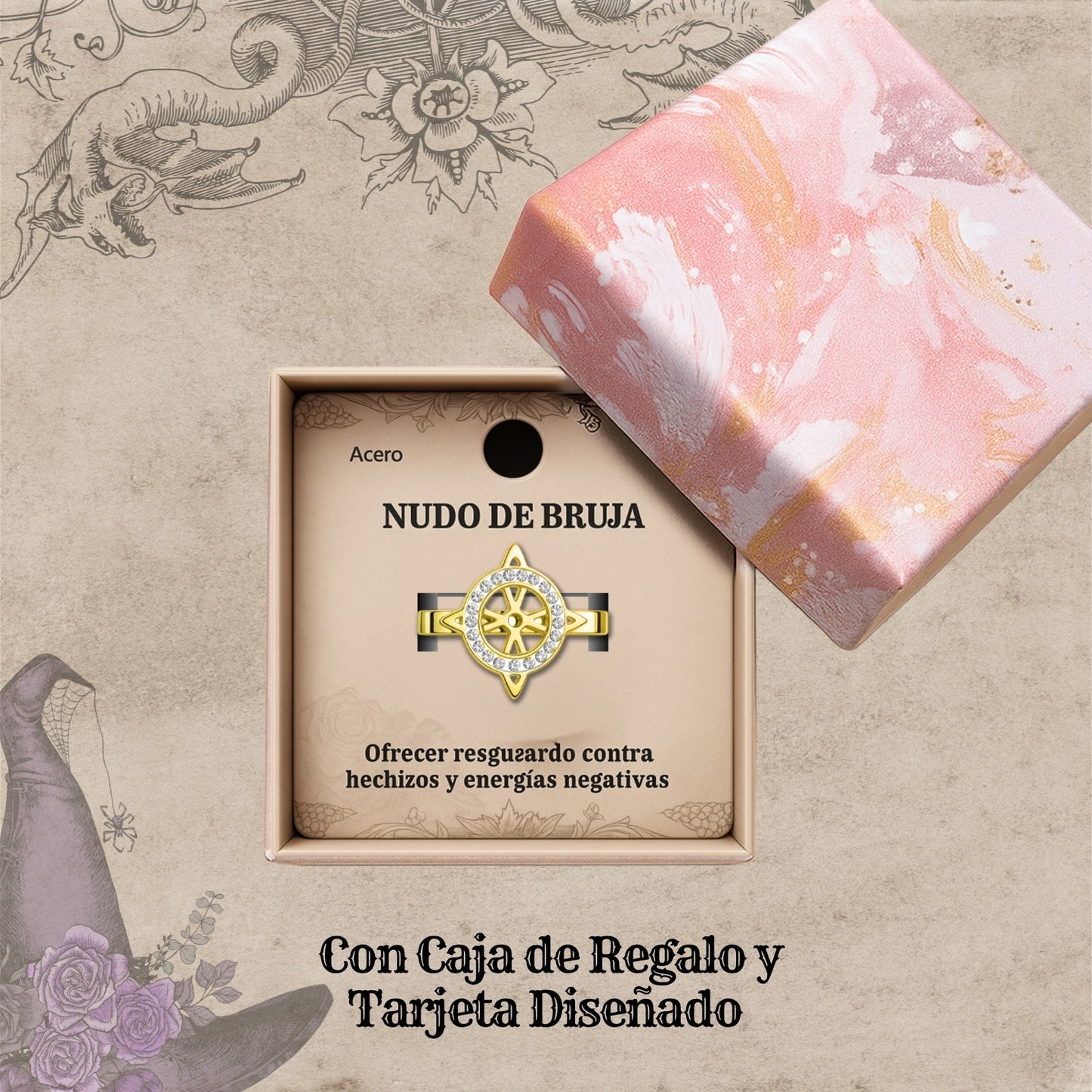 Anillo Nudo de Bruja – Acero Inoxidable Dorado, Amuleto de Protección con Caja de Regalo
