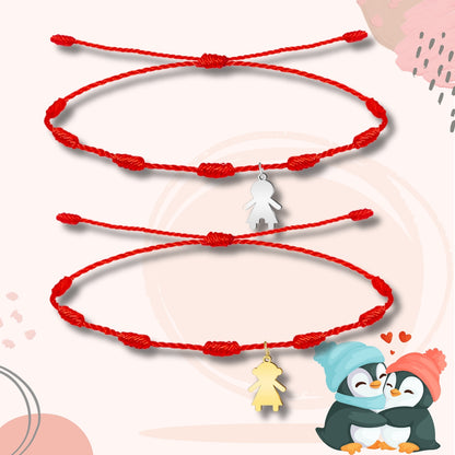 2 Pulsera 7 nudos con Colgante Niño y Niña Acero Inoxidable, Pulsera para Pareja, Amistad