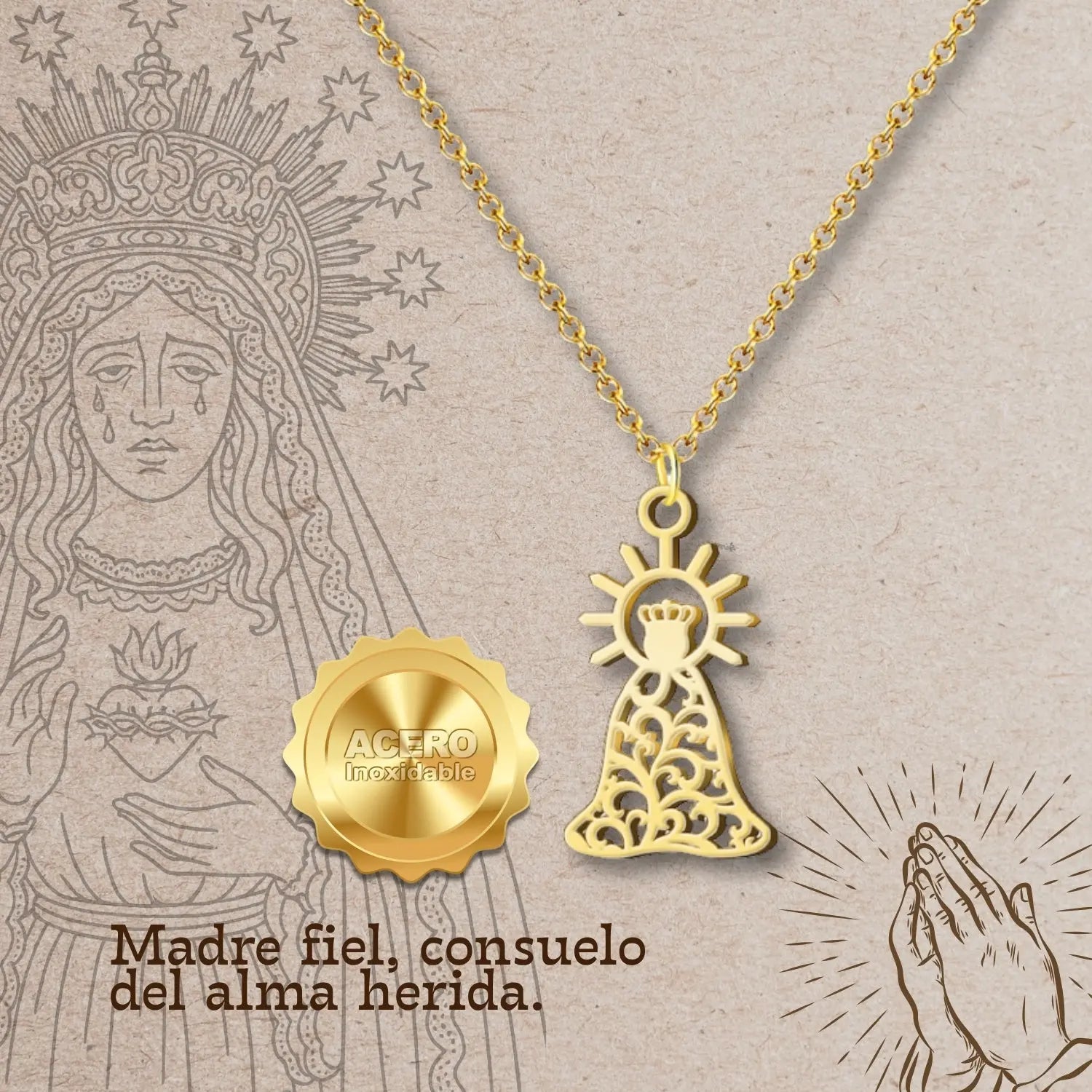 Collar Virgen de la Esperanza Macarena Acero Dorado Calado detalle