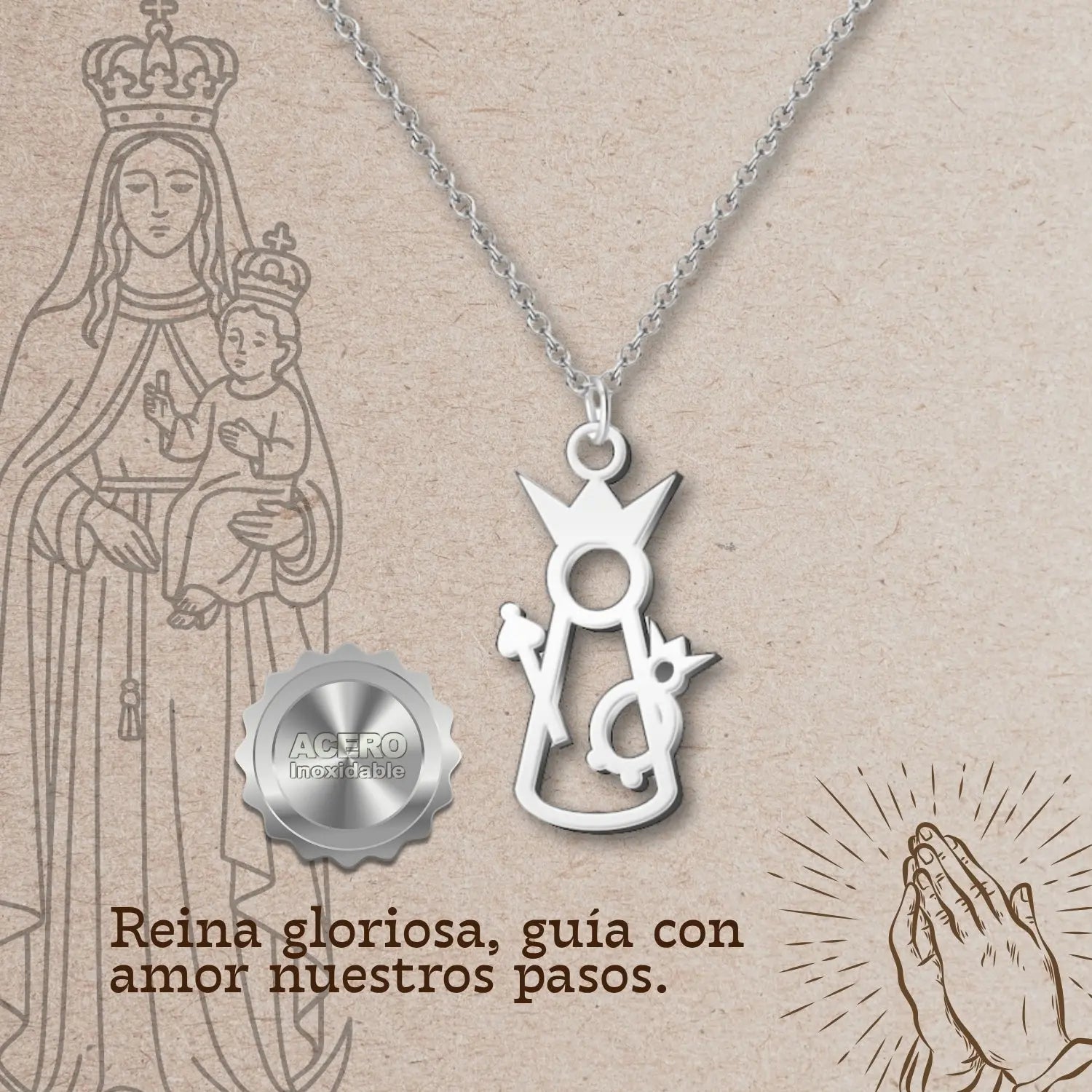Collar Virgen de la Victoria Acero Plateado detalle