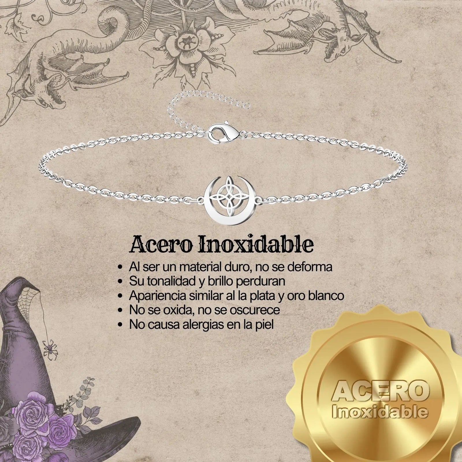 Pulsera Nudo de Bruja con Luna Invertida Acero Plateado diseño