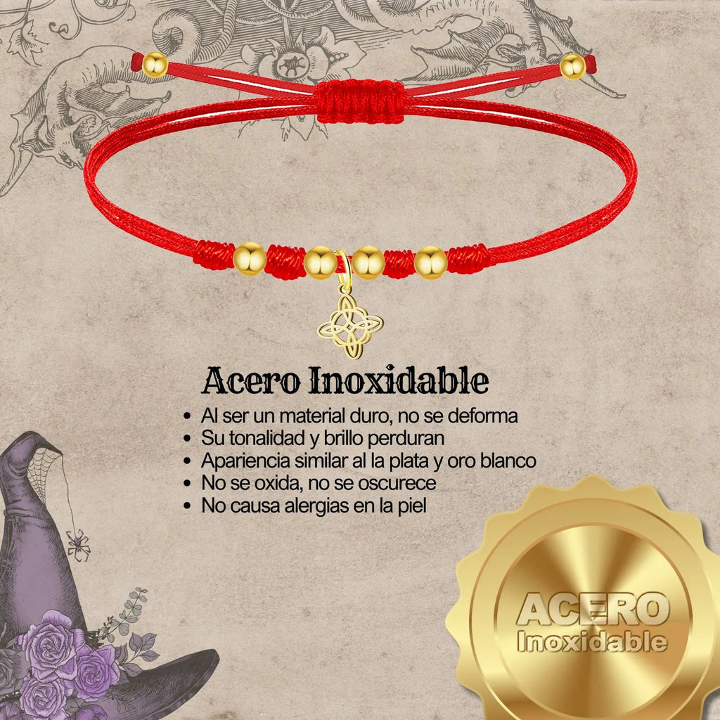 Pulsera Nudo de Bruja con Hilo Rojo en Acero Dorado diseño
