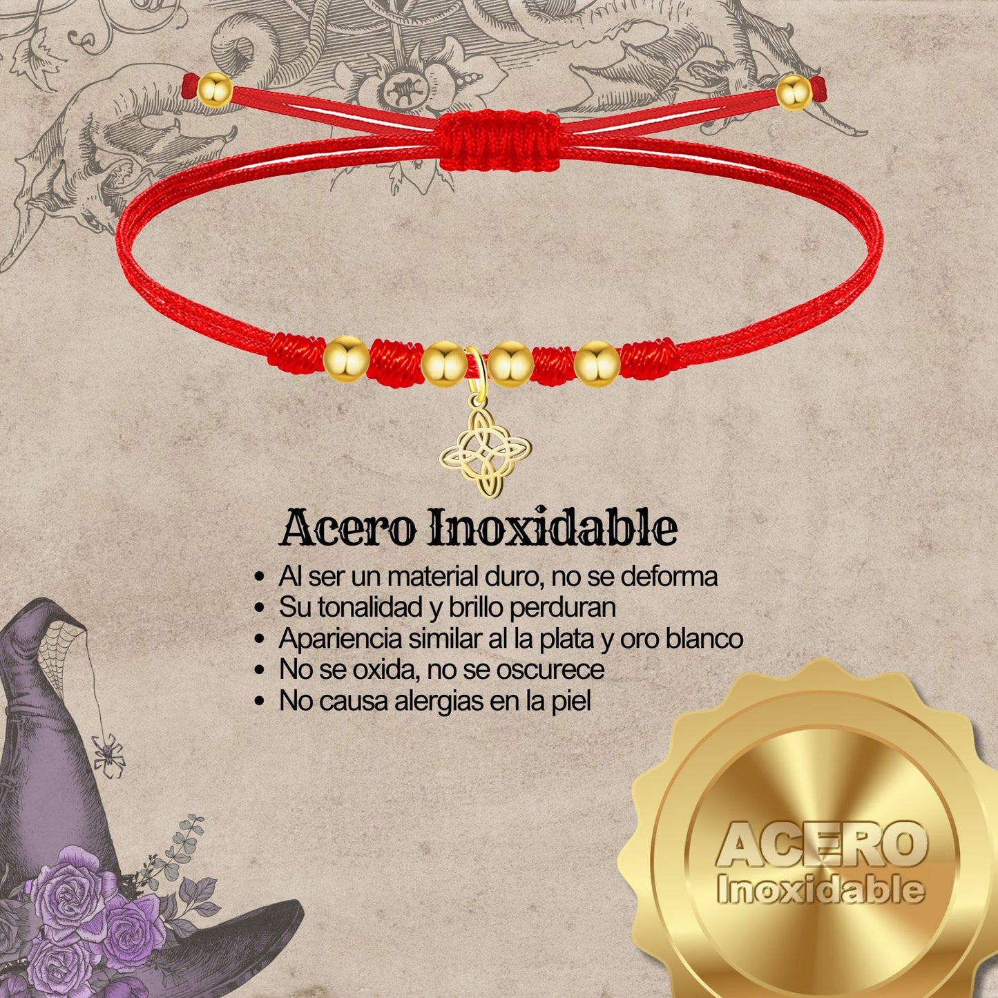 Pulsera Hilo Encerado con Nudo bruja Acero Inoxidable color Dorado