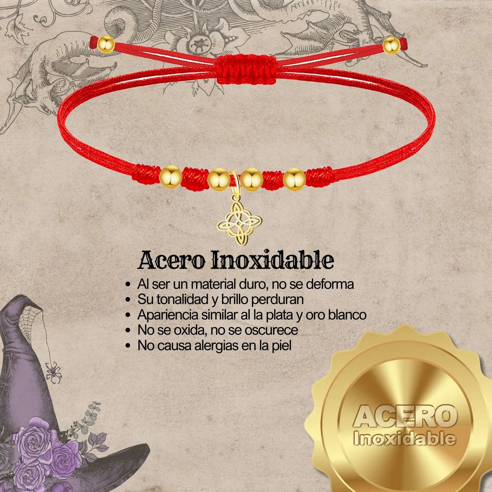 Pulsera Hilo Encerado con Nudo de Bruja Acero Inoxidable Dorado - cotigo