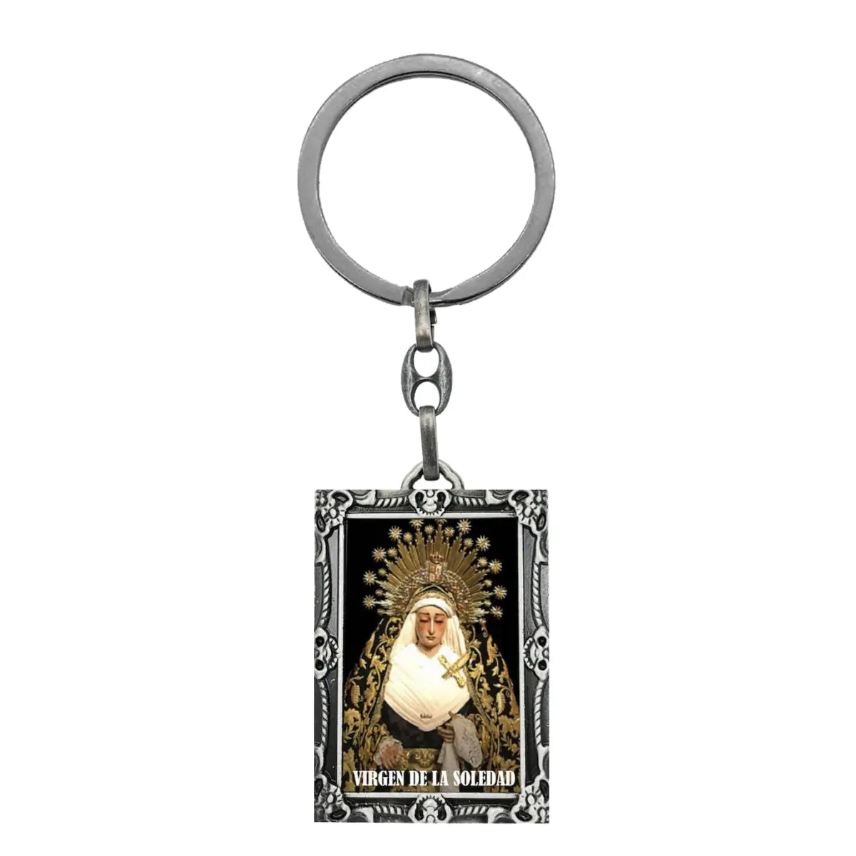Llavero metálico virgen de la soledad imagen a color con marco ornamentado regalo religioso semana santa