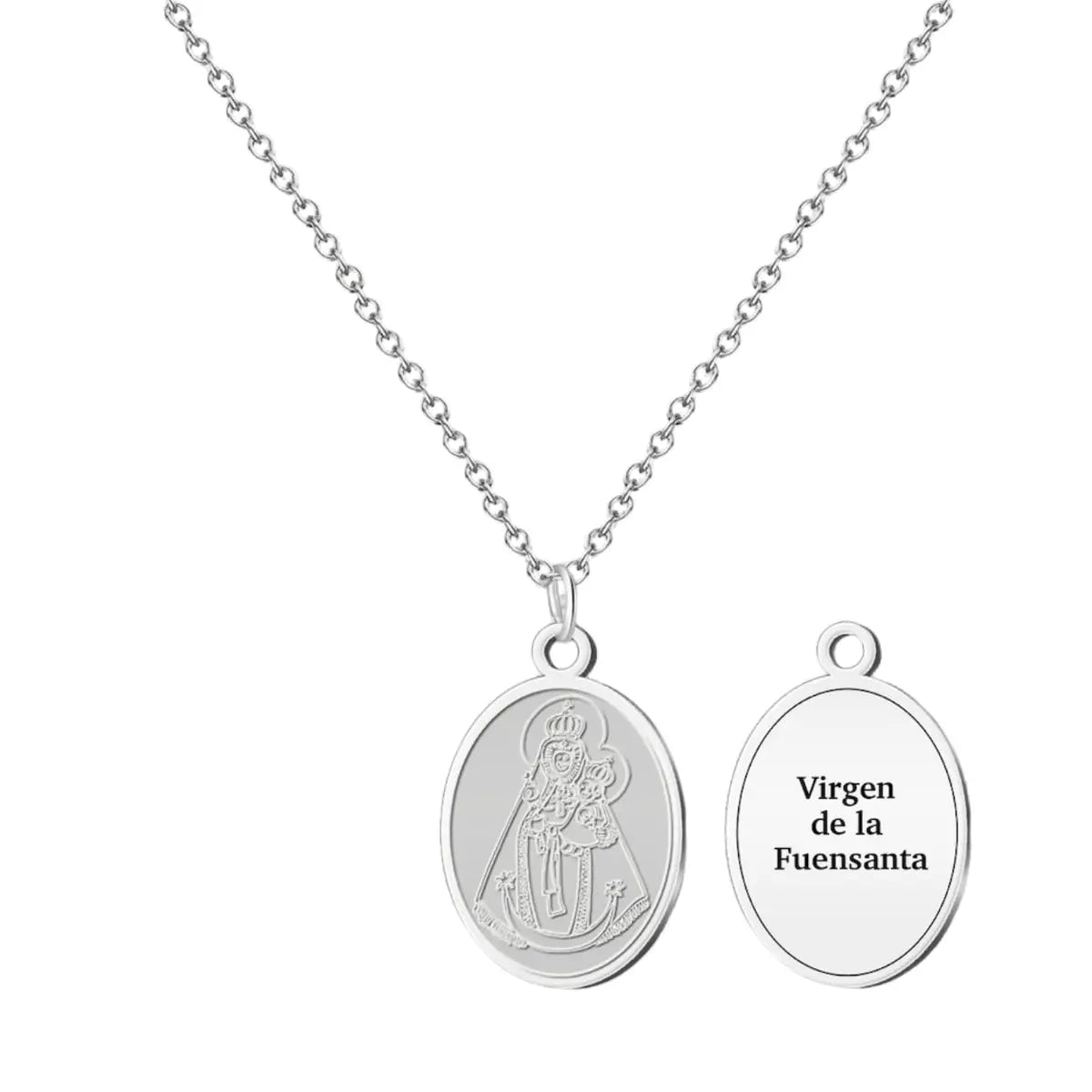 Collar con medalla ovalada de la Virgen de la Fuensanta en acero plateado, con relieve y grabado trasero