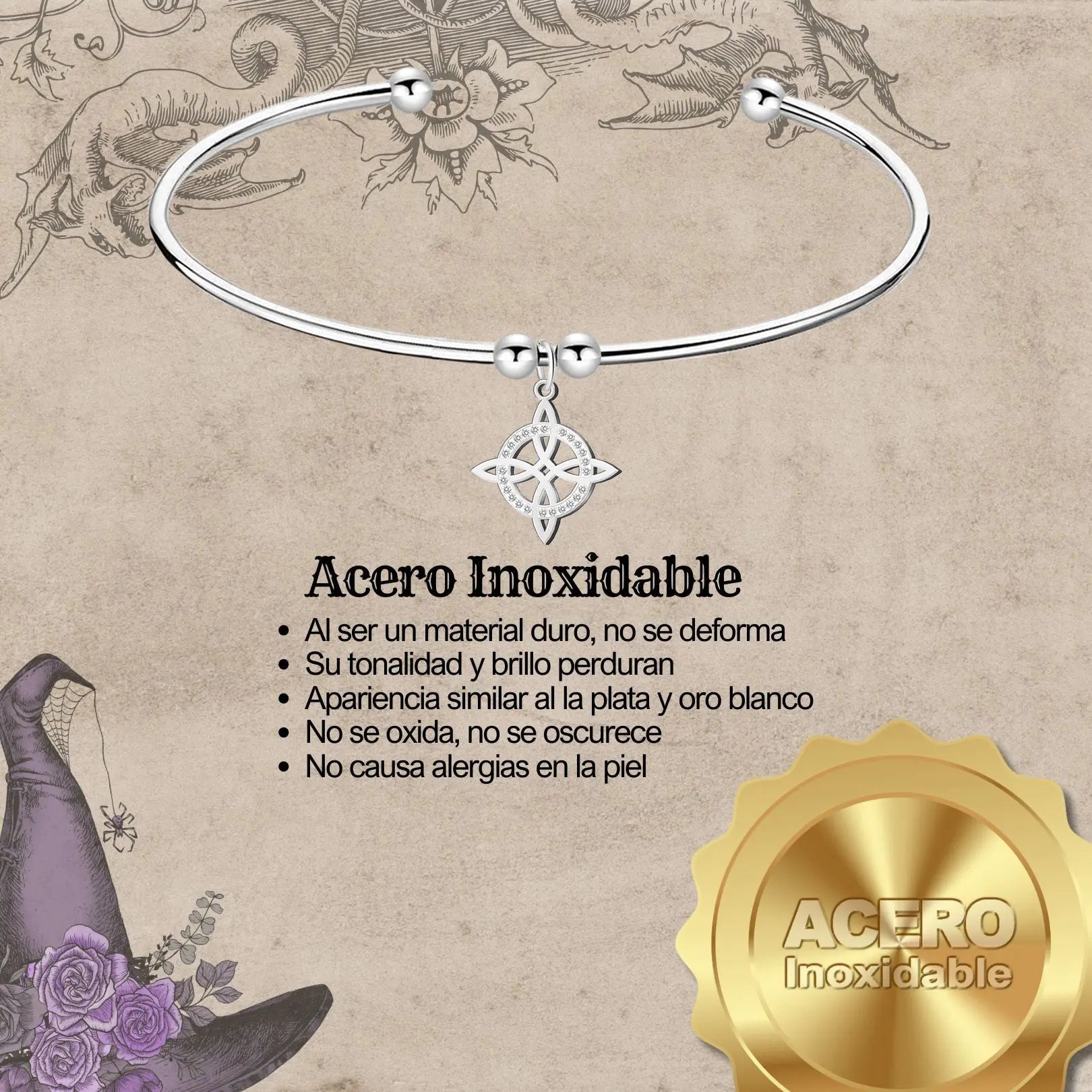 Brazalete Nudo de Bruja Acero Inoxidable Plateado - cotigo