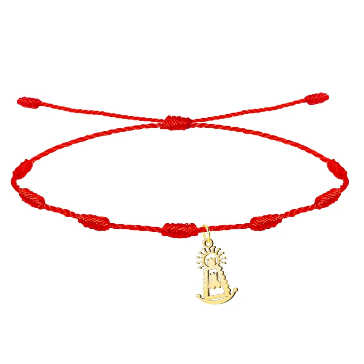 Pulsera de hilo rojo 7 nudos de protección con charm de la Virgen del Rocío (La Blanca Paloma) en acero dorado