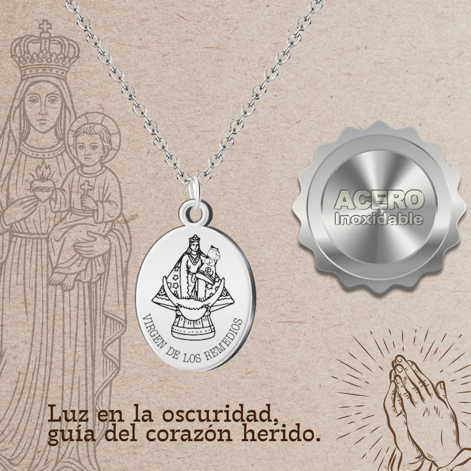Medalla Virgen del Remedio en Acero Plateado detalle