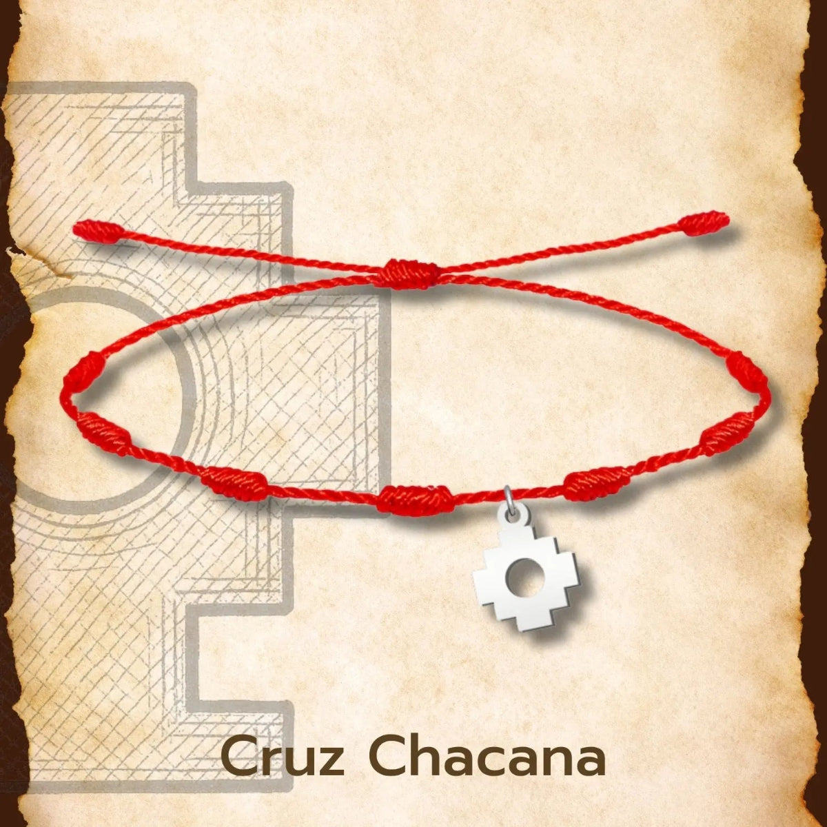 Pulsera de hilo rojo con 7 nudos de protección y dije de Cruz Chacana en acero plateado ajustable