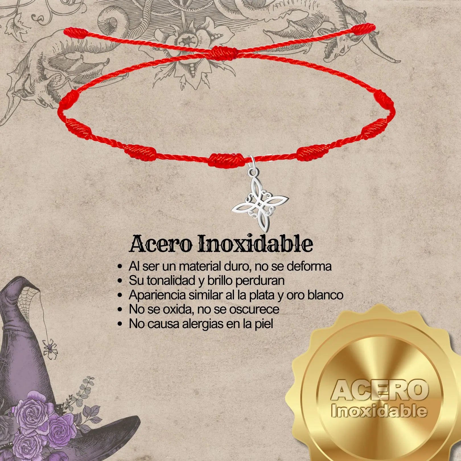 Pulsera 7 nudos con Nudo de Bruja Acero Inoxidable Plateado - cotigo