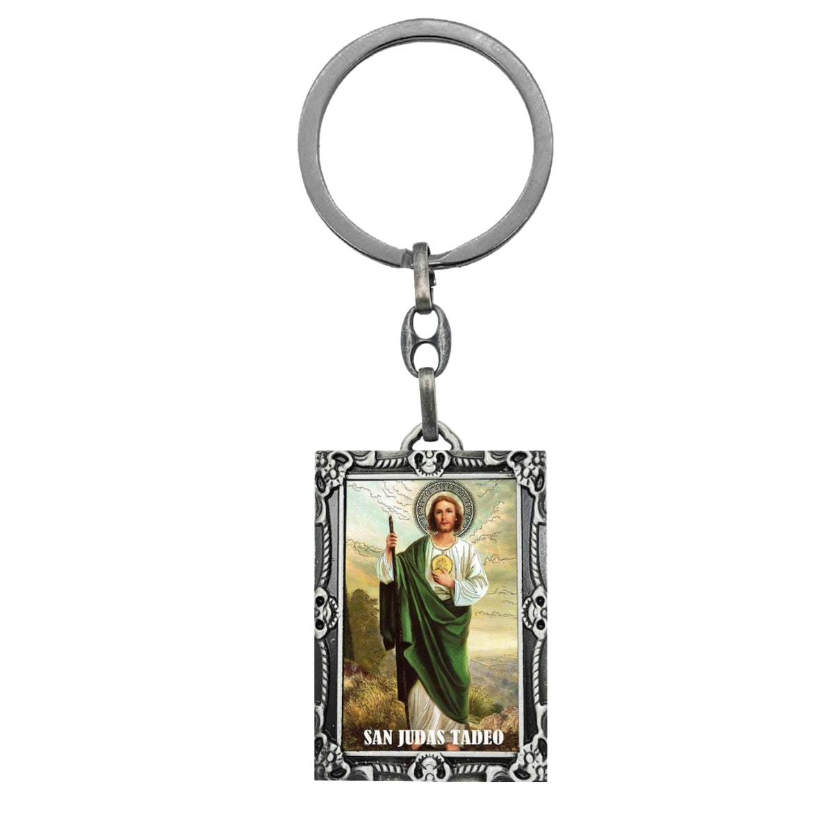 Llavero metálico rectangular con marco ornamental e imagen a todo color de San Judas Tadeo, túnica blanca y manto verde.