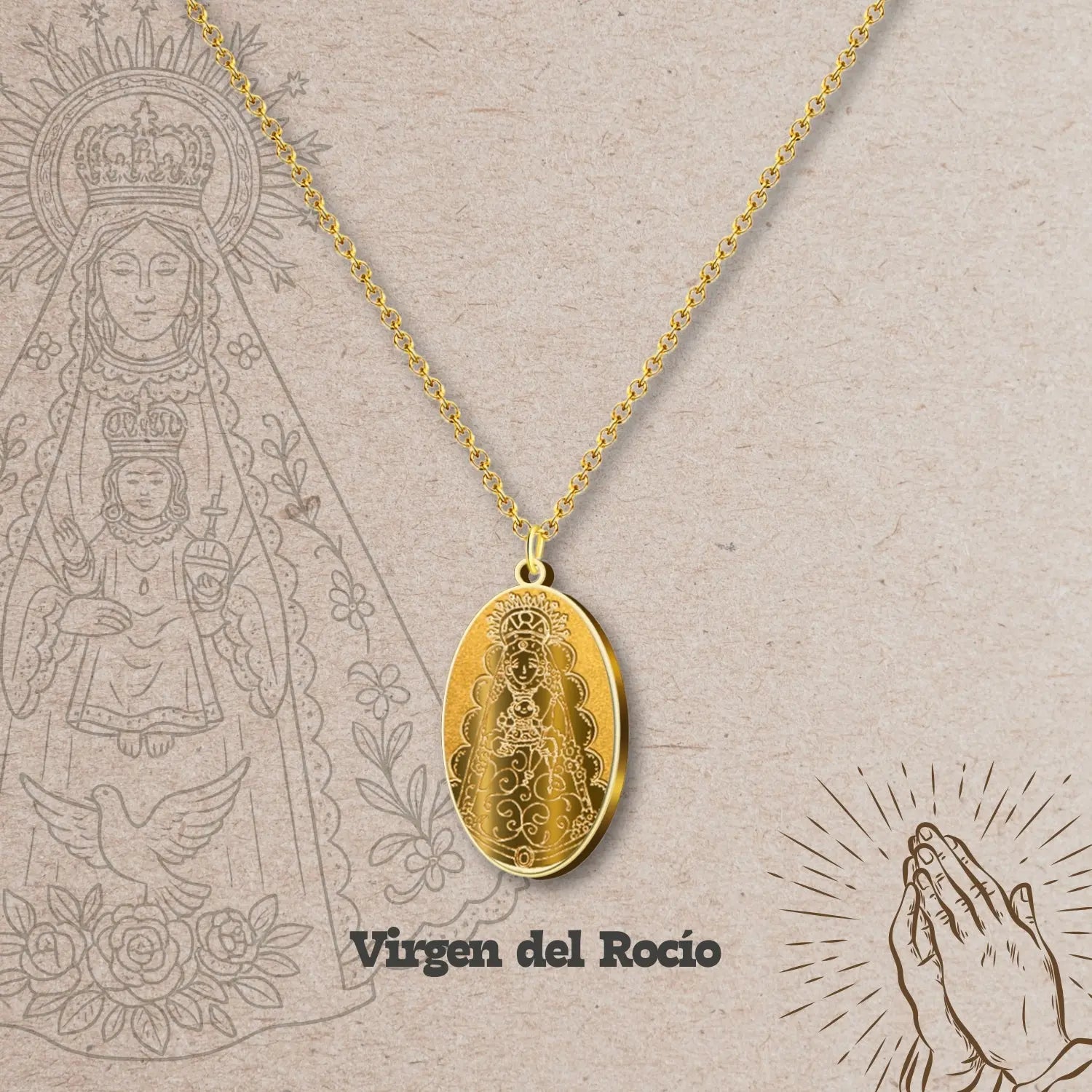 Colgante Virgen del Rocío Medalla Grabada Acero Dorado - cotigo
