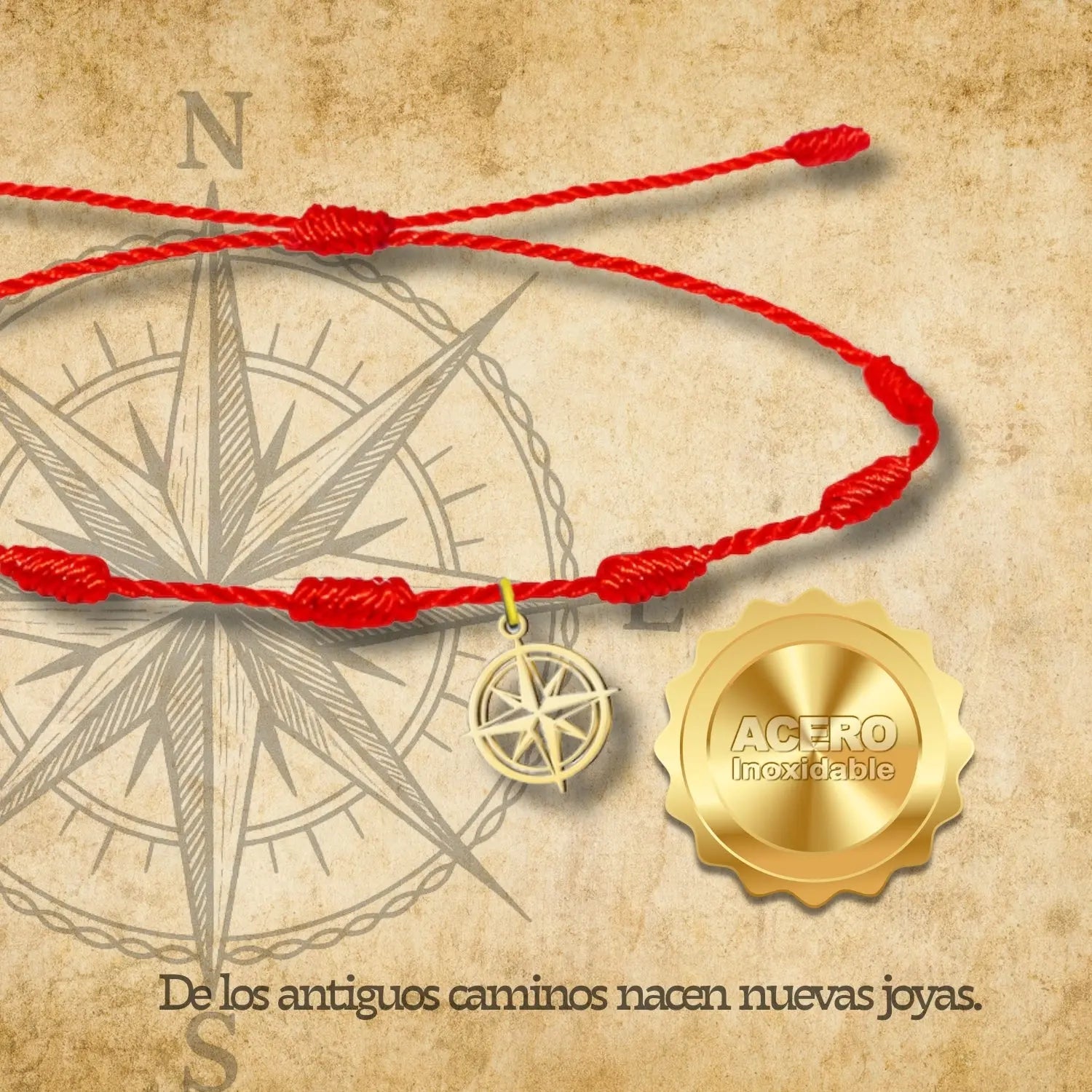 Pulsera 7 nudos con Colgante Rosa de los Vientos Acero Dorado - cotigo