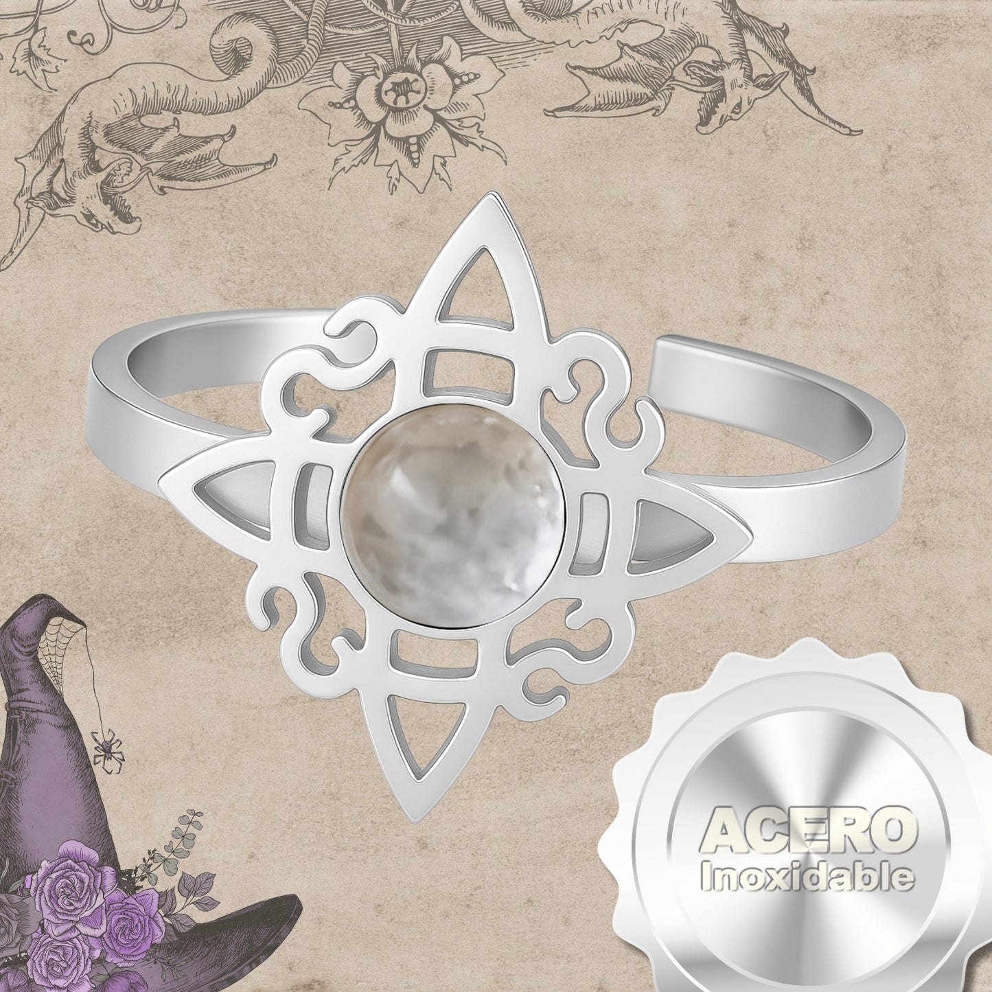 Anillo Nudo de Bruja Acero Plateado con Curzo Blanco