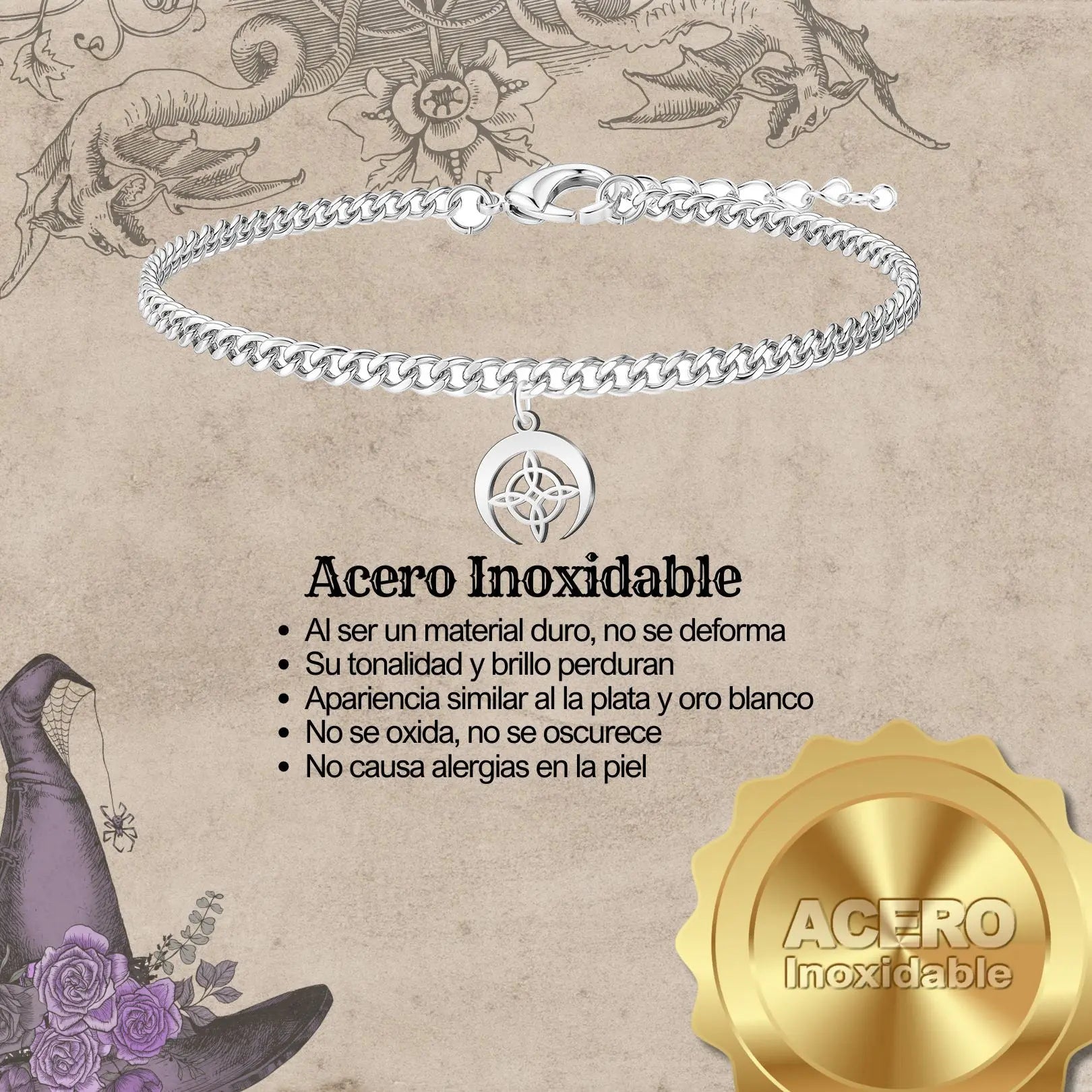 Pulsera Nudo de Bruja con Luna en Acero inoxidable - cotigo