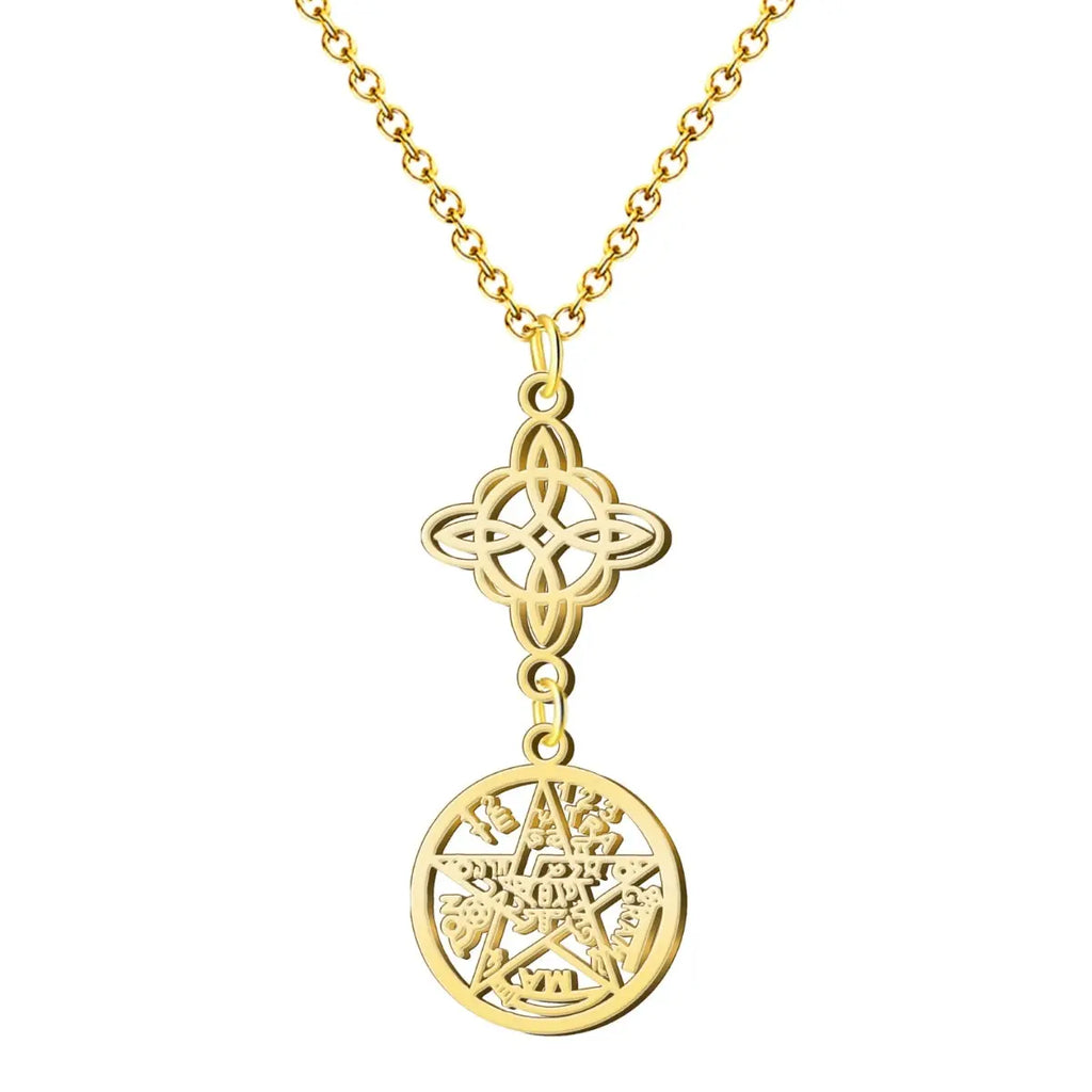Collar con colgante de diseño calado en acero dorado: fusión de Nudo de Bruja y Tetragrammatón. Joyería esotérica fina.