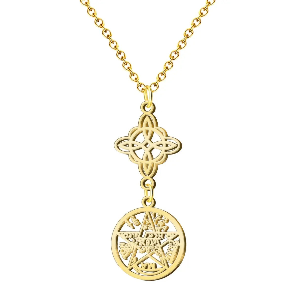 Collar con colgante de diseño calado en acero dorado: fusión de Nudo de Bruja y Tetragrammatón. Joyería esotérica fina.