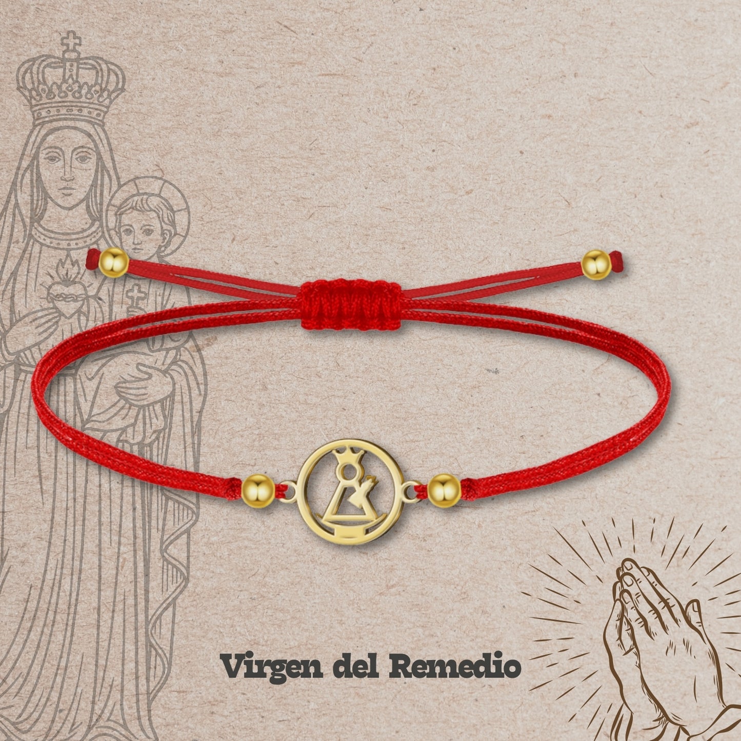 Pulsera Hilo encerado con  Virgen del Remedio Acero Dorado