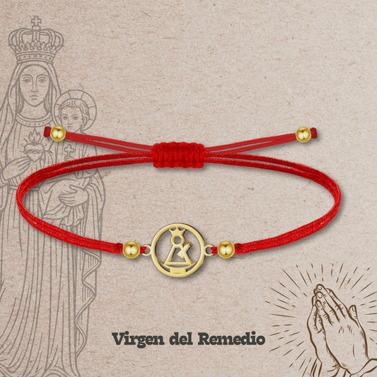 Pulsera Hilo encerado con  Virgen del Remedio Acero Dorado