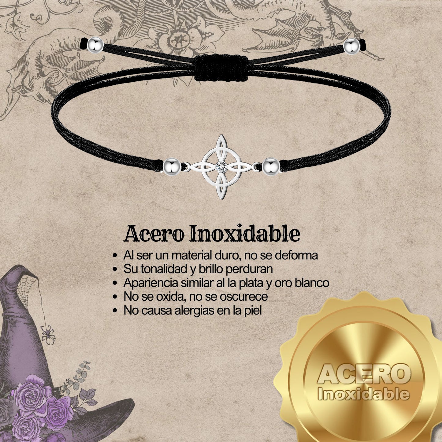 Pulsera Hilo Encerado con Nudo bruja Acero Inoxidable color Plateado
