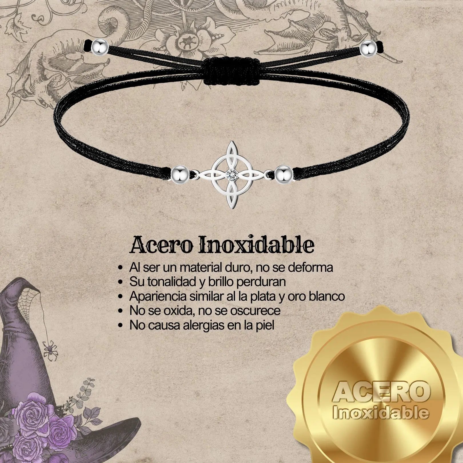 Pulsera Hilo Encerado con Nudo de Bruja Acero Inoxidable Plateado - cotigo
