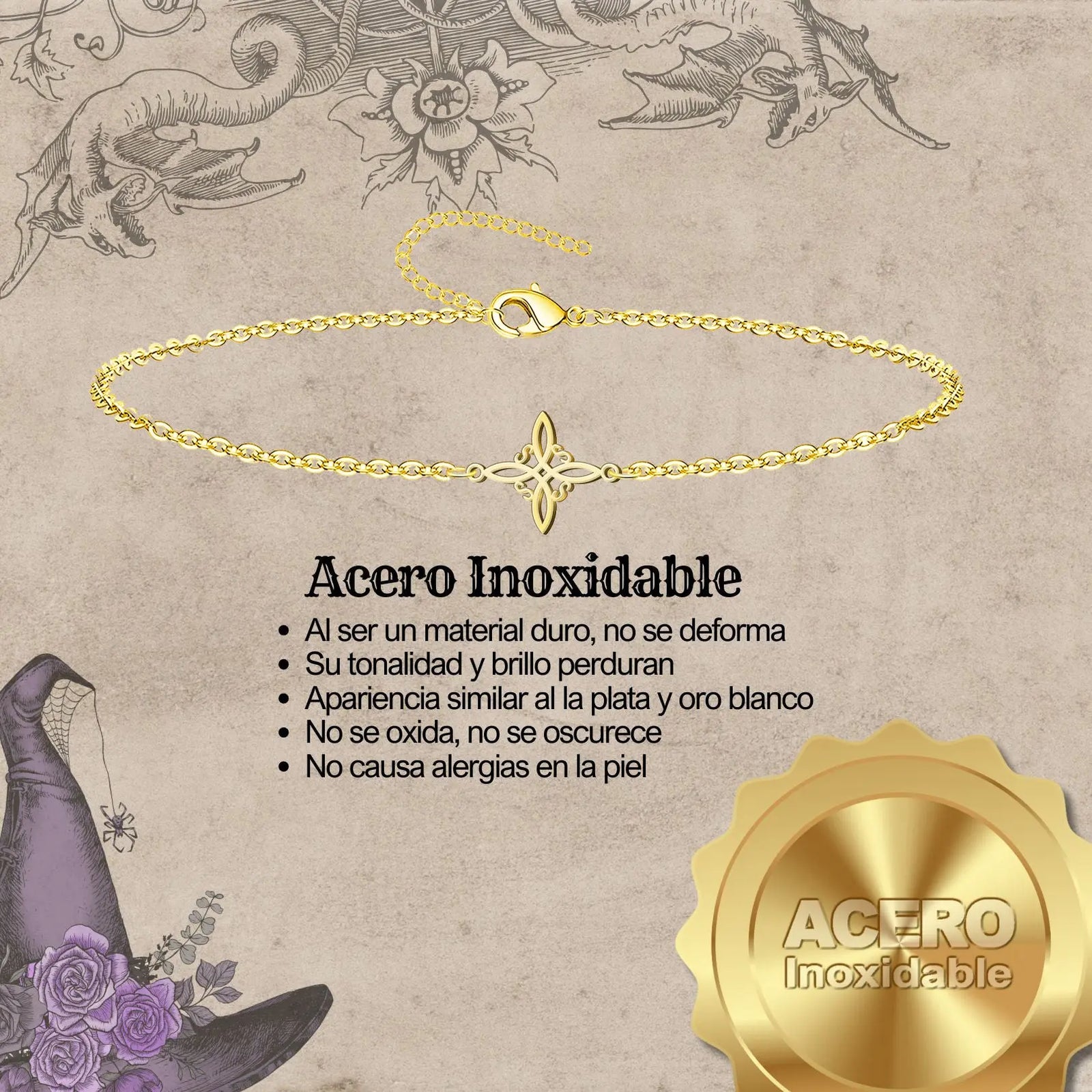 Pulsera Nudo de Bruja en Acero Dorado diseño