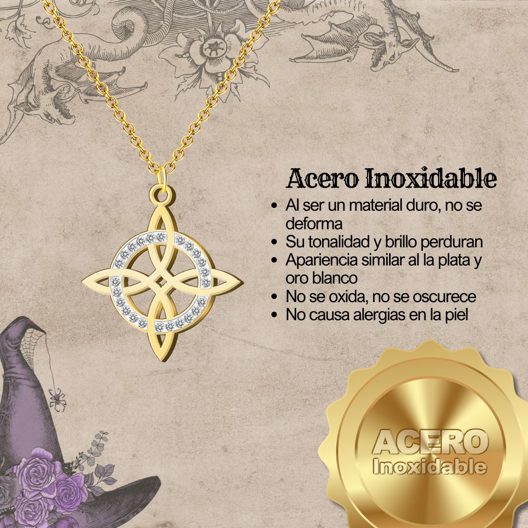 Colgante Nudo Bruja en Acero Inoxidable 💎 Amuleto contra el Mal de Ojo 🧿 Collar de Suerte para Mujer y Hombre + Pulsera 7 Nudos de Regalo 🎁 con Tarjeta Diseñada