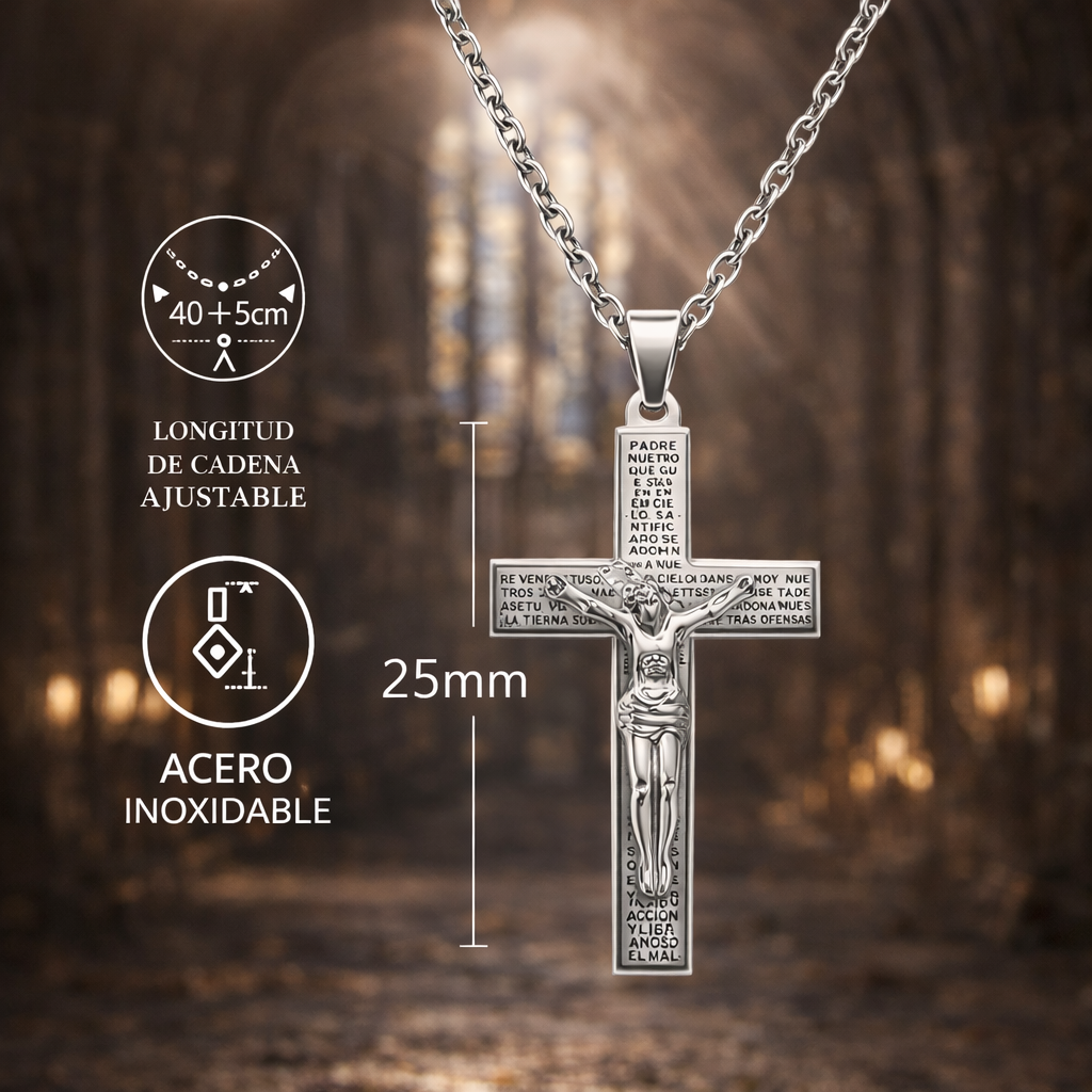 Collar con cruz de Jesús crucificado y oración del Padre Nuestro en Acero cotigo