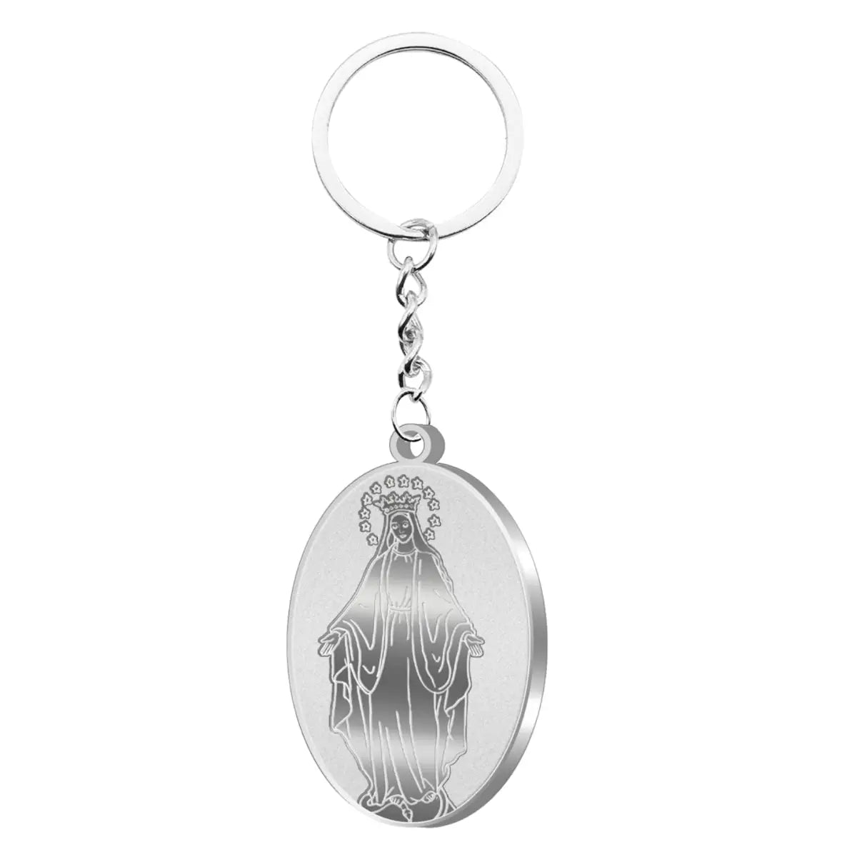 Llavero Medalla Milagrosa acero inoxidable plateado ovalado Virgen de los Rayos relieve protección llaves coche regalo religioso