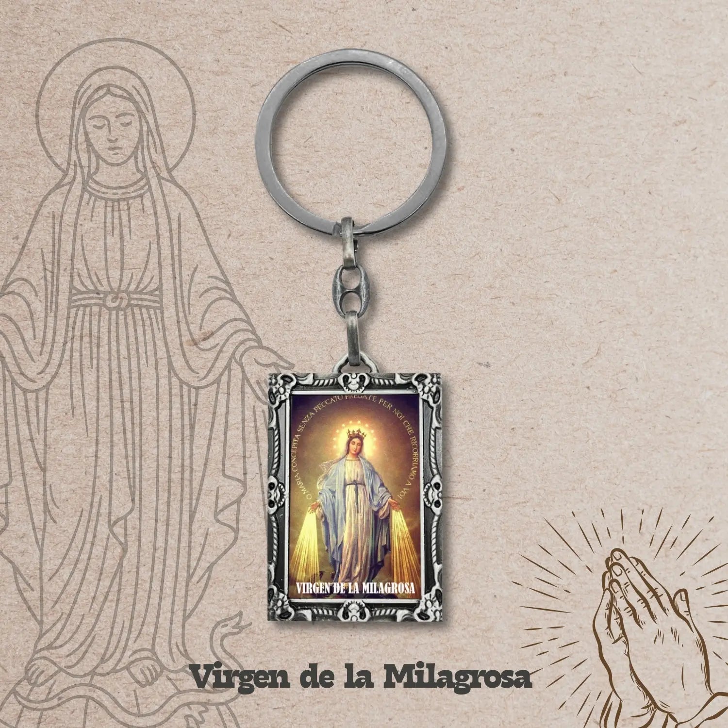 Llavero Virgen de la Milagrosa con Imagen Coloreado detalle