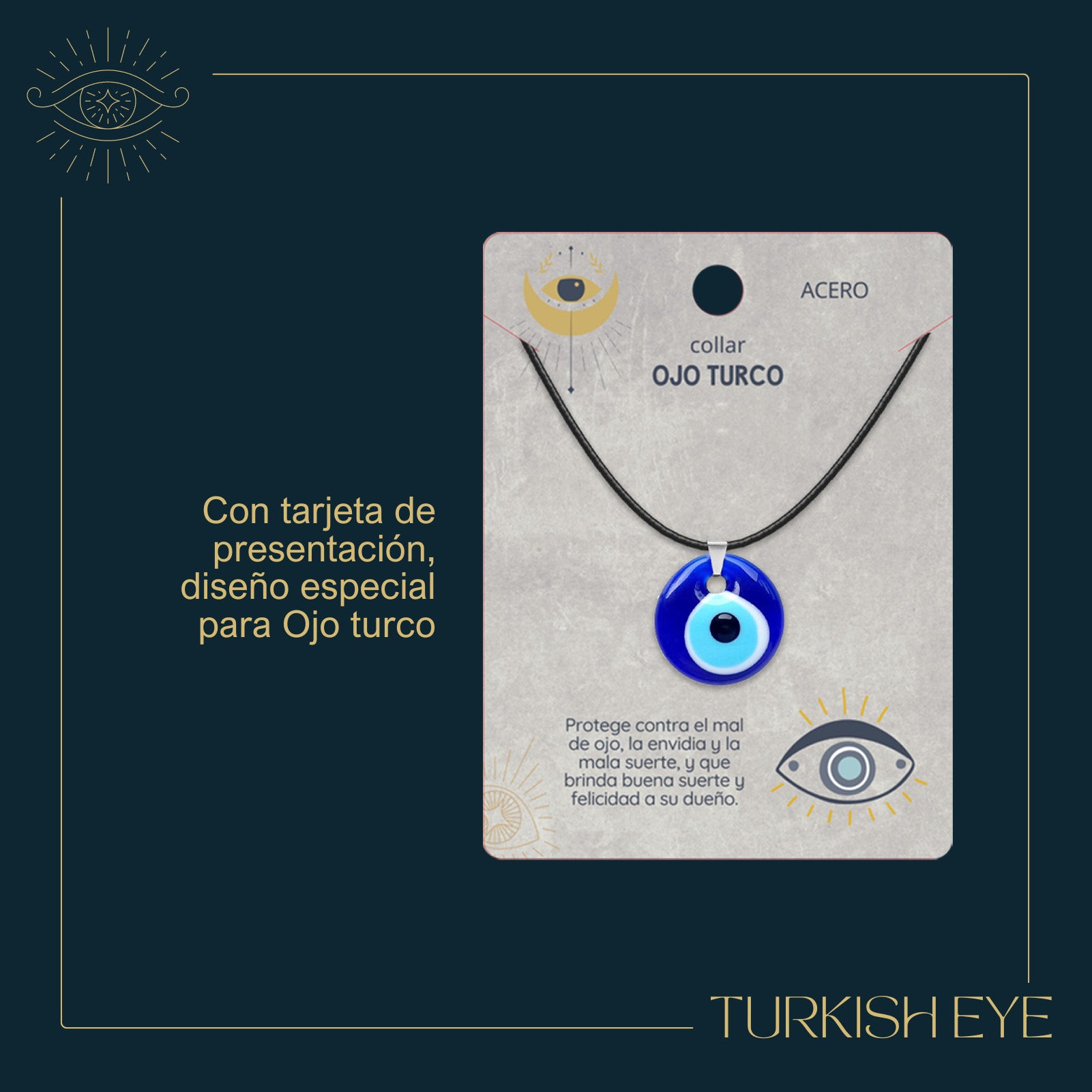 Collar Ojo Turco Acero Inoxidable | Amuleto contra el mal de ojo y energías negativas + Regalo Pulsera 7 Nudos - cotigo