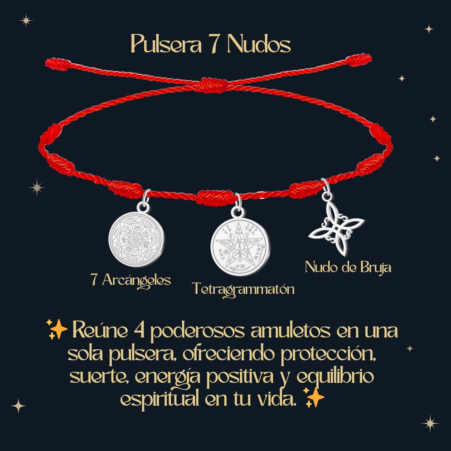 Pulsera 7 nudos con Nudo de Bruja y Tetragramatón, y 7 Arcángeles Plateado Acero Inoxidable