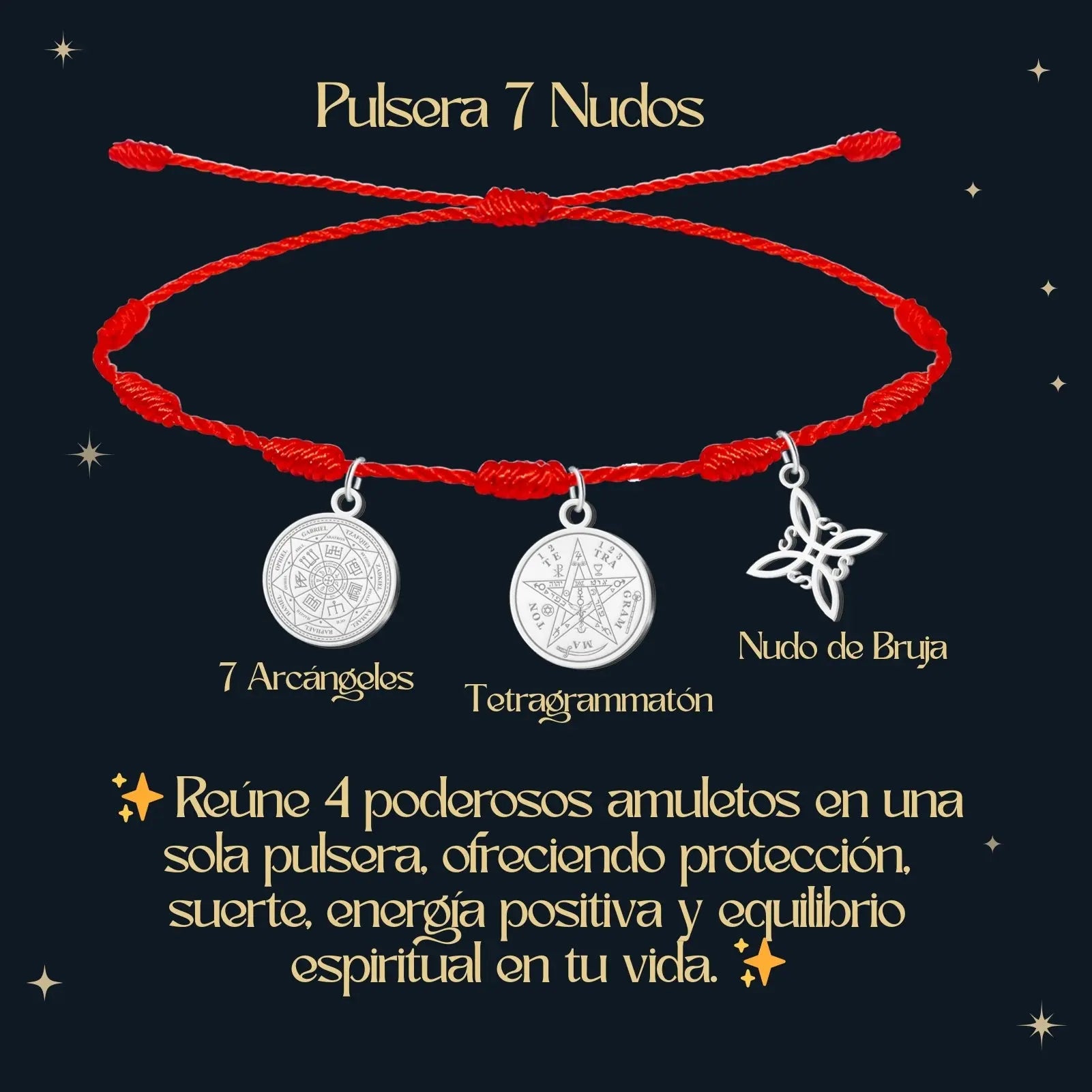 Pulsera 7 Nudos con Colgante Plateado: Tetragrammaton, Nudo de Bruja y Arcángeles - cotigo