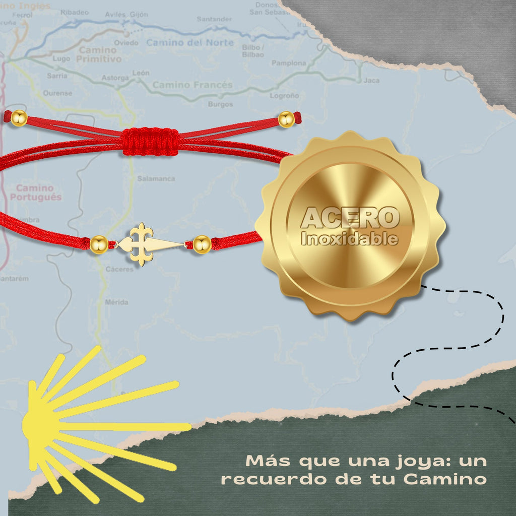 Pulsera Hilo Rojo con Cruz Santiago en Acero Dorado cotigo