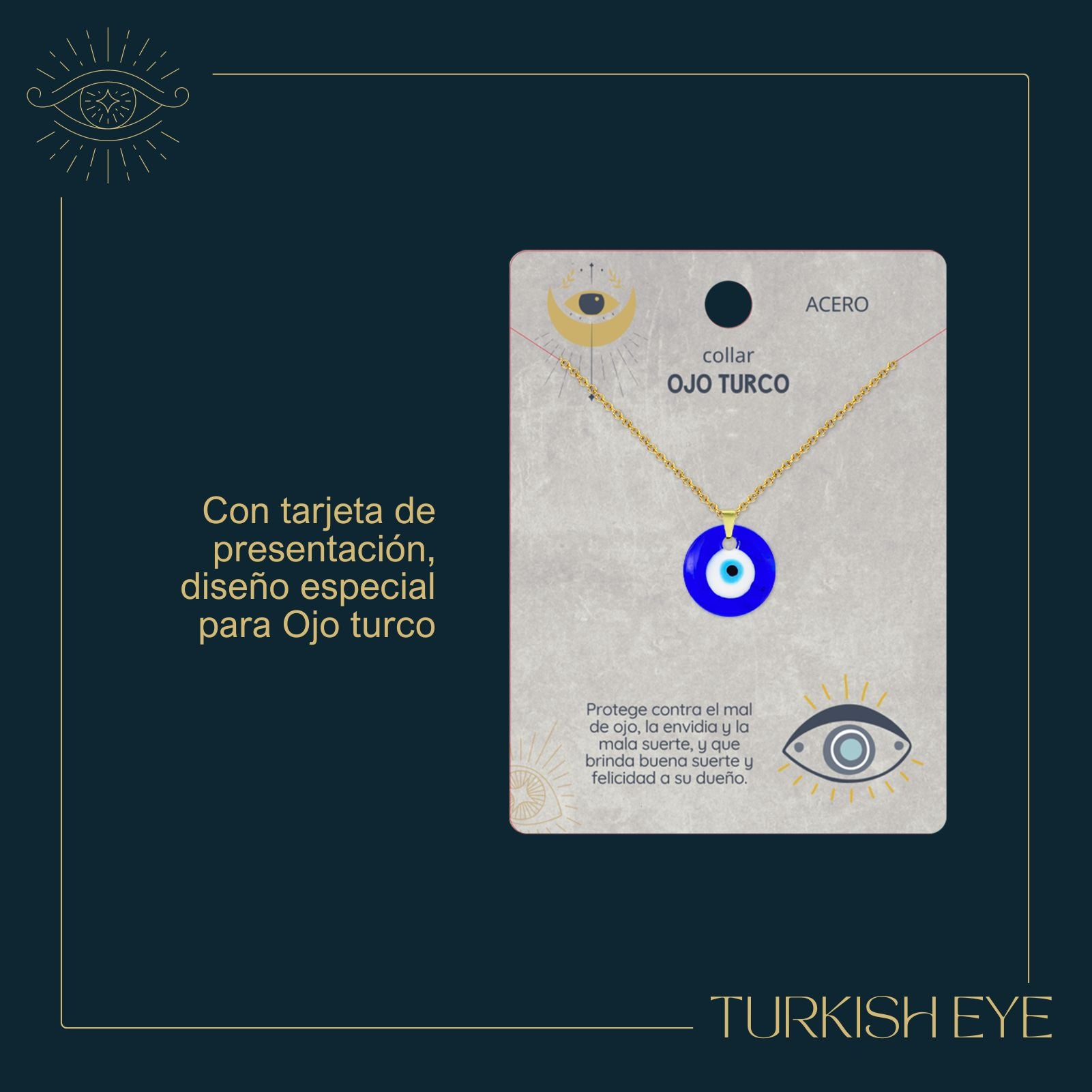 Collar Ojo Turco Acero Inoxidable | Amuleto contra el mal de ojo y energías negativas + Regalo Pulsera 7 Nudos - cotigo