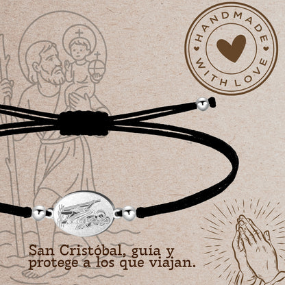 Pulsera Hilo Encerado con San Cristóbal color Plateado