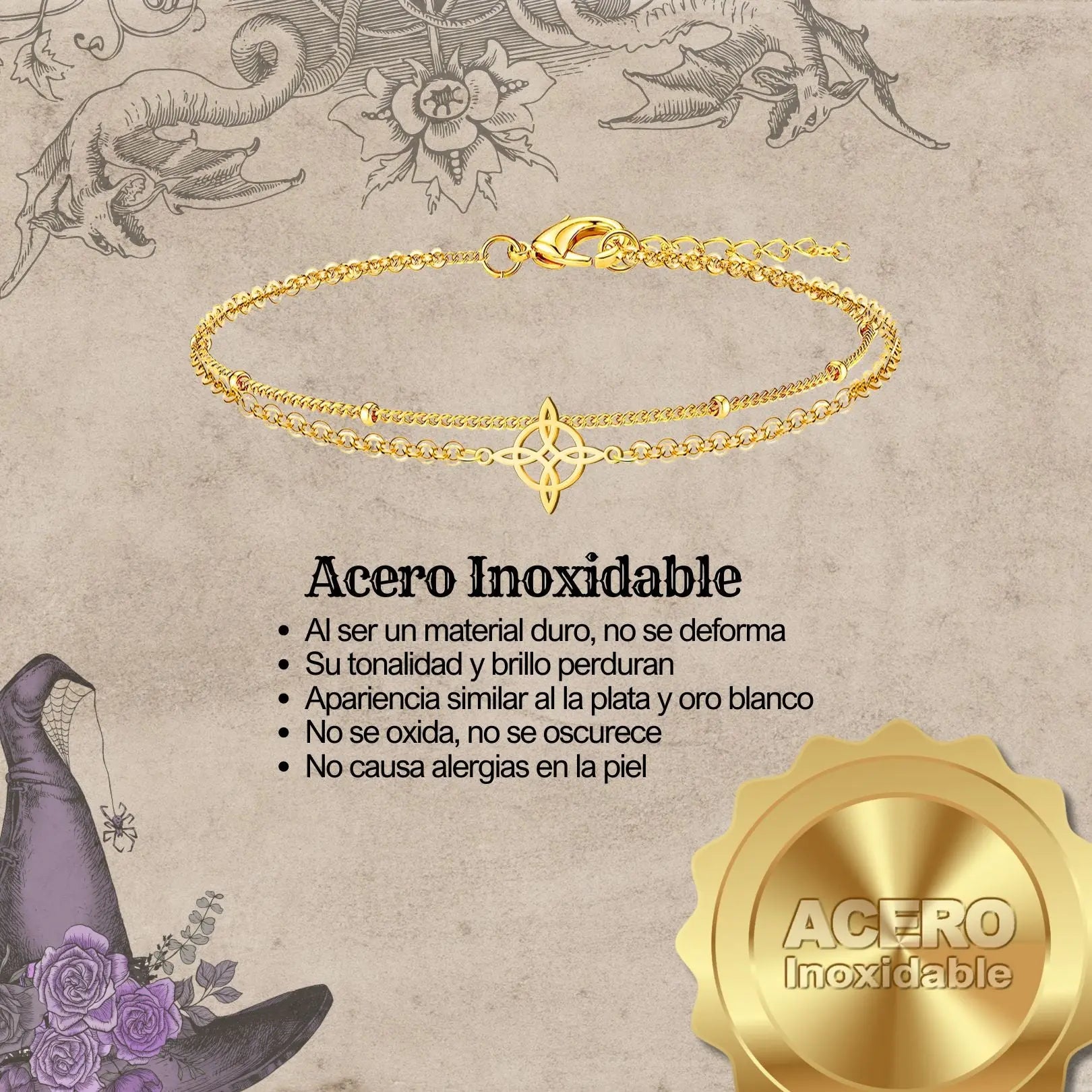 Pulsera Doble Cadena con Nudo de Bruja en Acero Inoxidable Dorado - cotigo